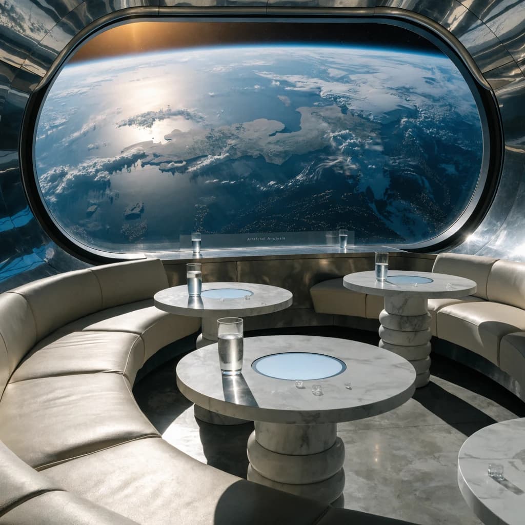 The orbital lounge has brushed aluminum walls and pale leather banquettes. Low white tables are inset with glowing touchscreens. Drinks are clear, flavorless, in tall unmarked glasses. The viewport is floor-to-ceiling, showing Earth moving slowly beneath. The word Artificial Analysis is etched discreetly on the glass in a frosted band.