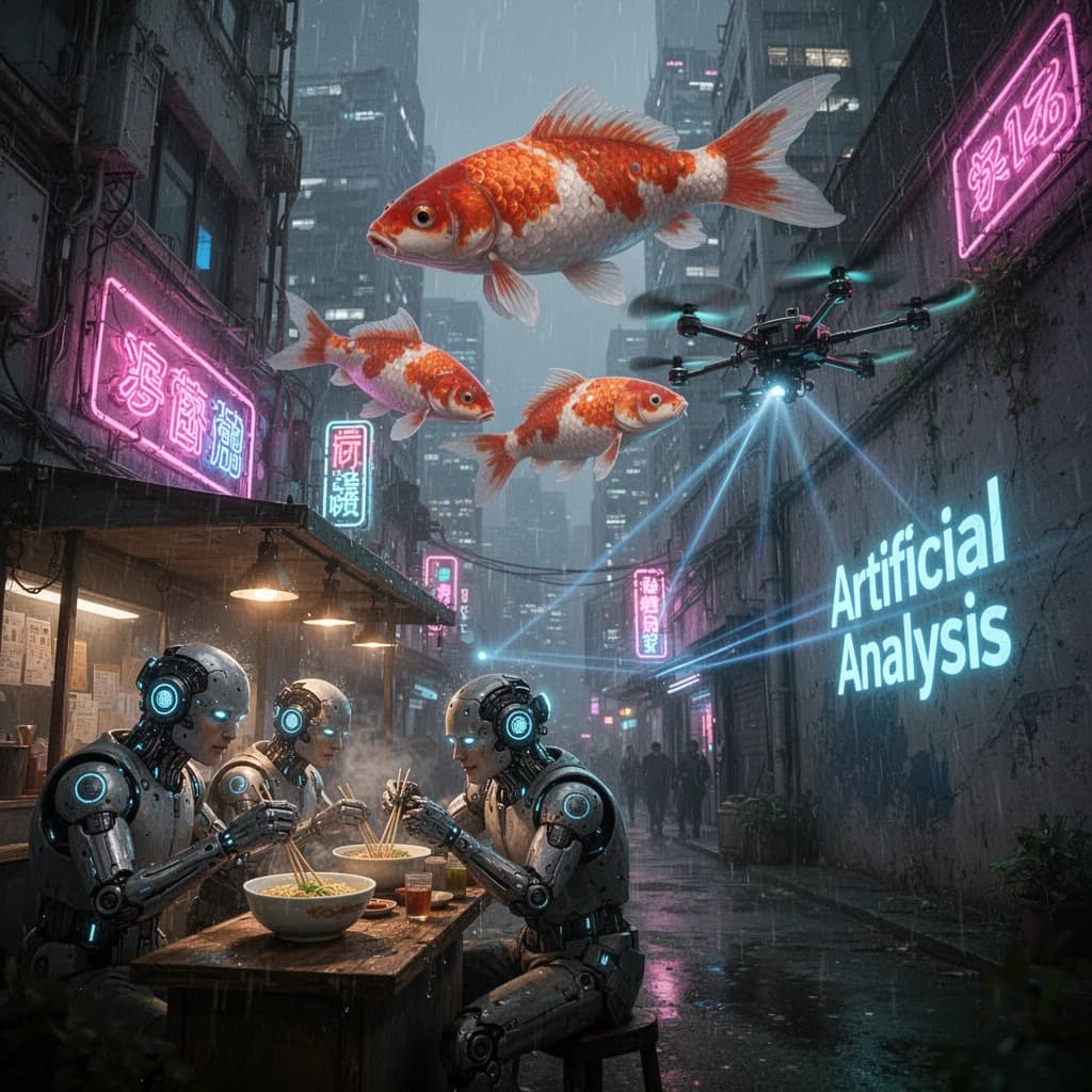 A neon alley in Neo-Tokyo 2142 drips with rain Cybernetic patrons slurp ramen at a stall with their glowing implants humming with blue light. Three giant holographic koi hover 10 metres above the ground and swim across the skyline, one has clipped into a building. A six-prop drone hovers nearby, projecting "Artificial Analysis" onto a wall with blue laser beams visible