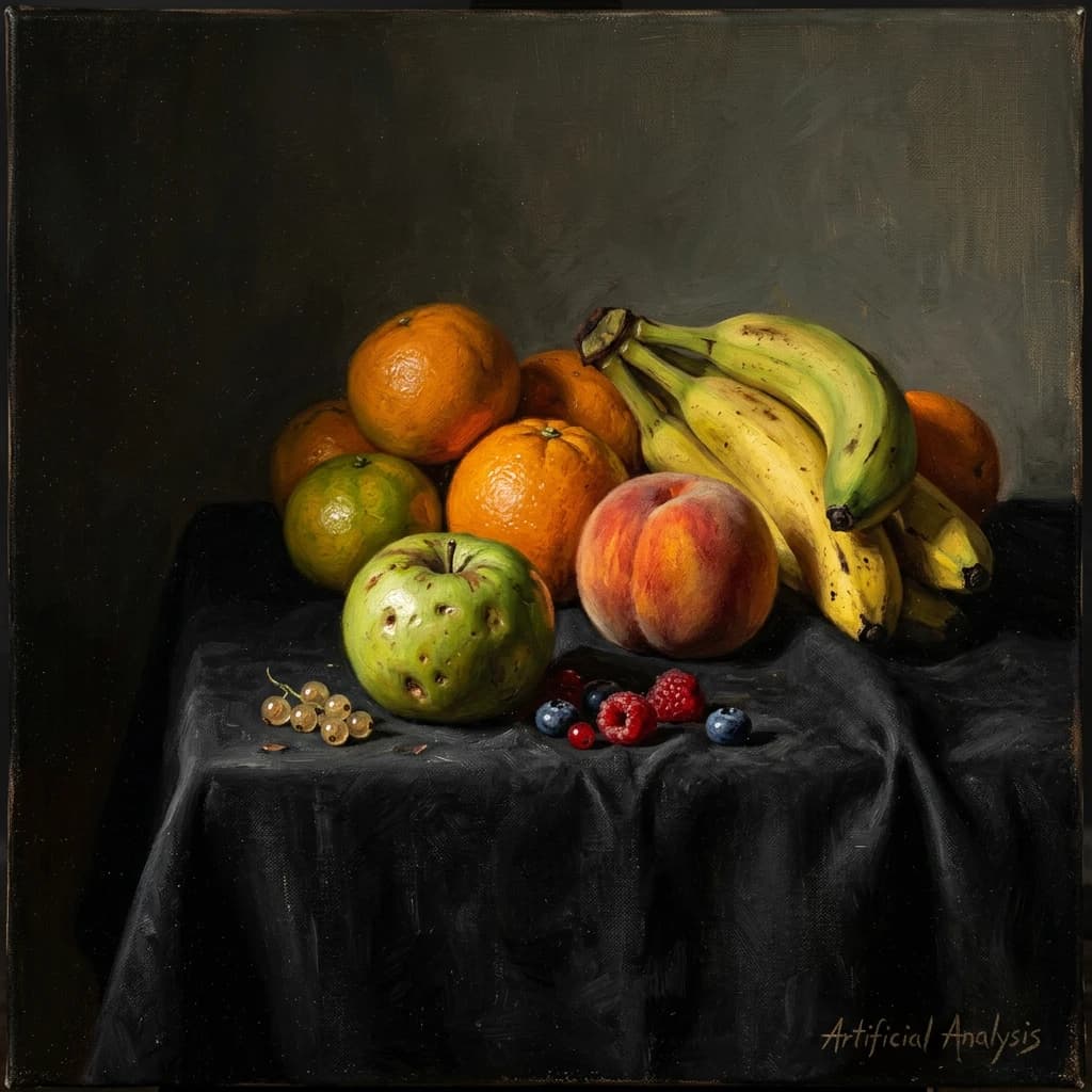 A still life scene painted oil on canvas, comprising various fruits on a black table cloth with striking lighting coming from the right out of frame, creating strong shadows. A bruised green apple is in the foreground, a peach behind it, and behind that a melange of oranges and bananas in various states of ripeness. Berries are strewn in front of the apple. The artist has signed his name "Artificial Analysis" in the bottom right corner in a hurried fashion.
