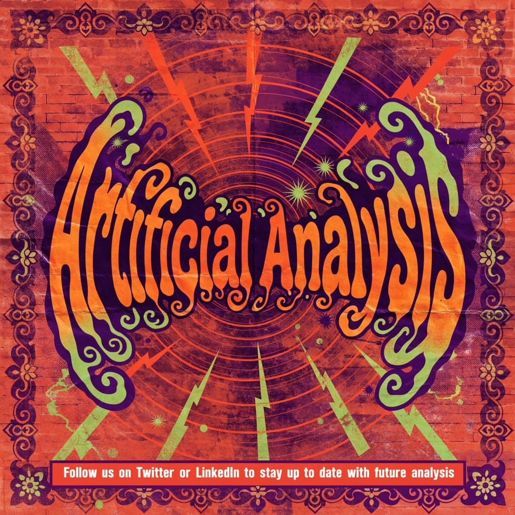 A portrait layout psychedelic concert poster from 1972 bathed in saturated oranges, deep purples, and acid greens. Swirling, hand-drawn typography arcs across the top, spelling out Artificial Analysis in bold, distorted letters that melt into spirals. Surrounded by radiating concentric circles and lightning-bolt motifs. The background is textured with halftone dots and faded paper creases, evoking a well-worn poster taped to a brick wall. Ornate floral borders frame the design, while the bottom features blocky retro lettering listing “Follow us on Twitter or LinkedIn to stay up to date with future analysis” in smaller text.
