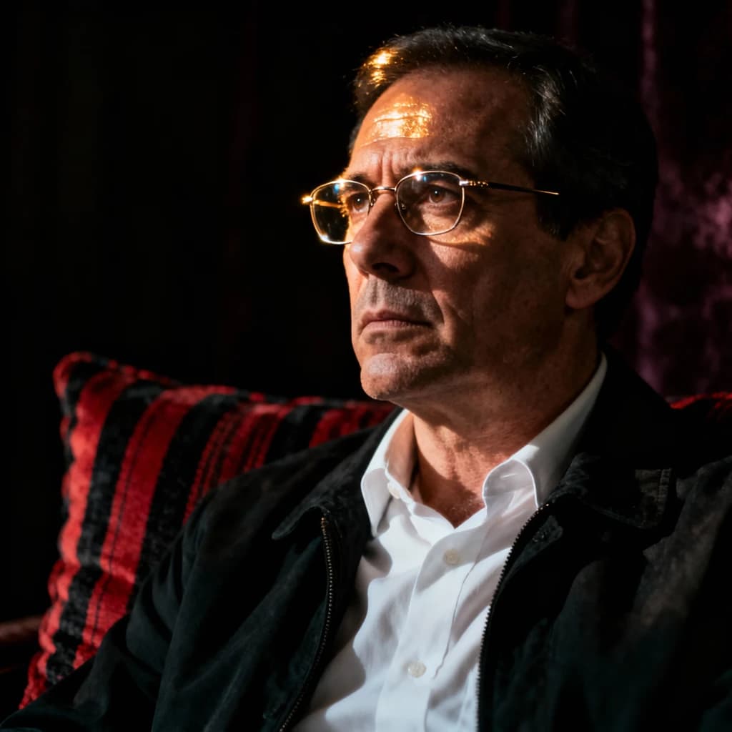 A sharply lit portrait of a middle-aged man wearing thin-rimmed glasses and a dark jacket over a white collared shirt. He gazes intently to the side, his face half illuminated by warm light while the background recedes into deep shadow. The expression is thoughtful, almost wary, as if caught mid-conversation. Behind him, a striped cushion in muted reds and blacks adds subtle texture, contrasting with the crisp highlights on his forehead and glasses. The overall mood is contemplative and cinematic, balancing warmth with tension.