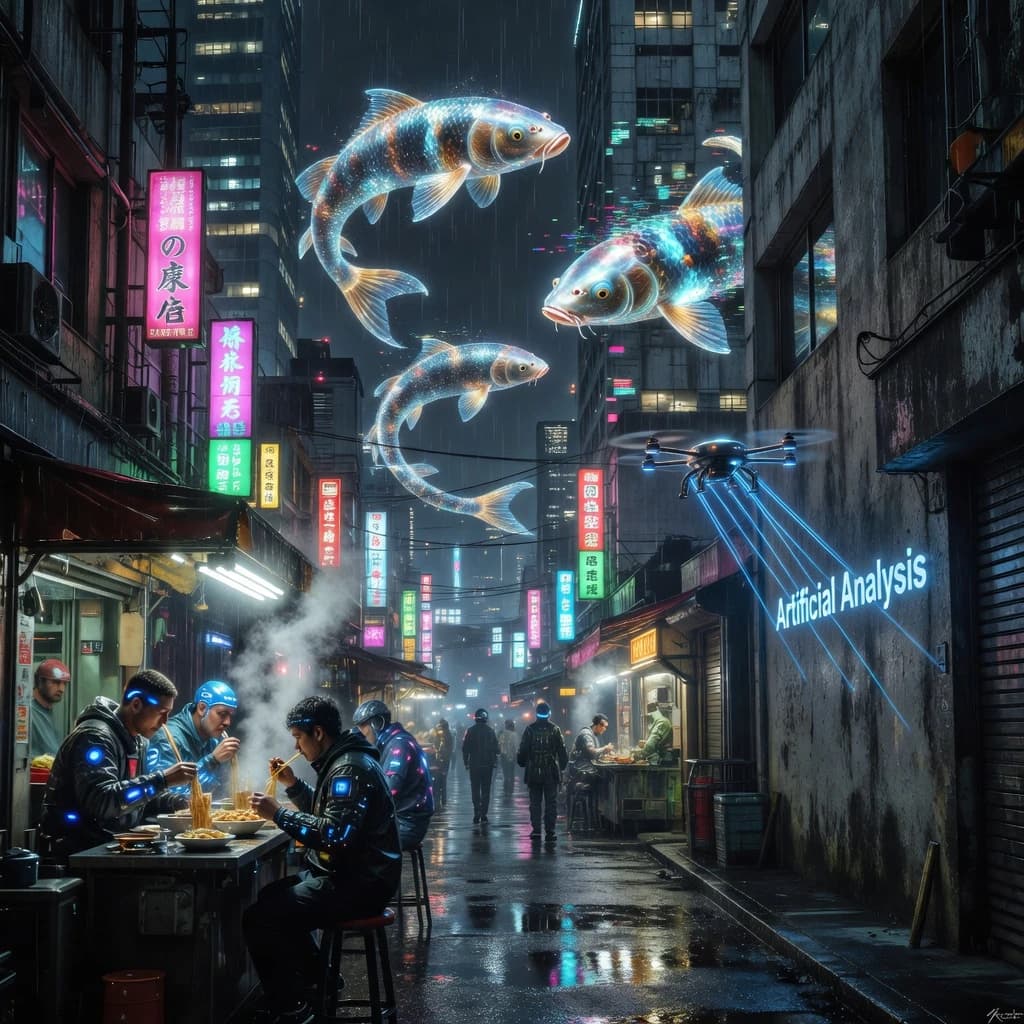 A neon alley in Neo-Tokyo 2142 drips with rain Cybernetic patrons slurp ramen at a stall with their glowing implants humming with blue light. Three giant holographic koi hover 10 metres above the ground and swim across the skyline, one has clipped into a building. A six-prop drone hovers nearby, projecting "Artificial Analysis" onto a wall with blue laser beams visible