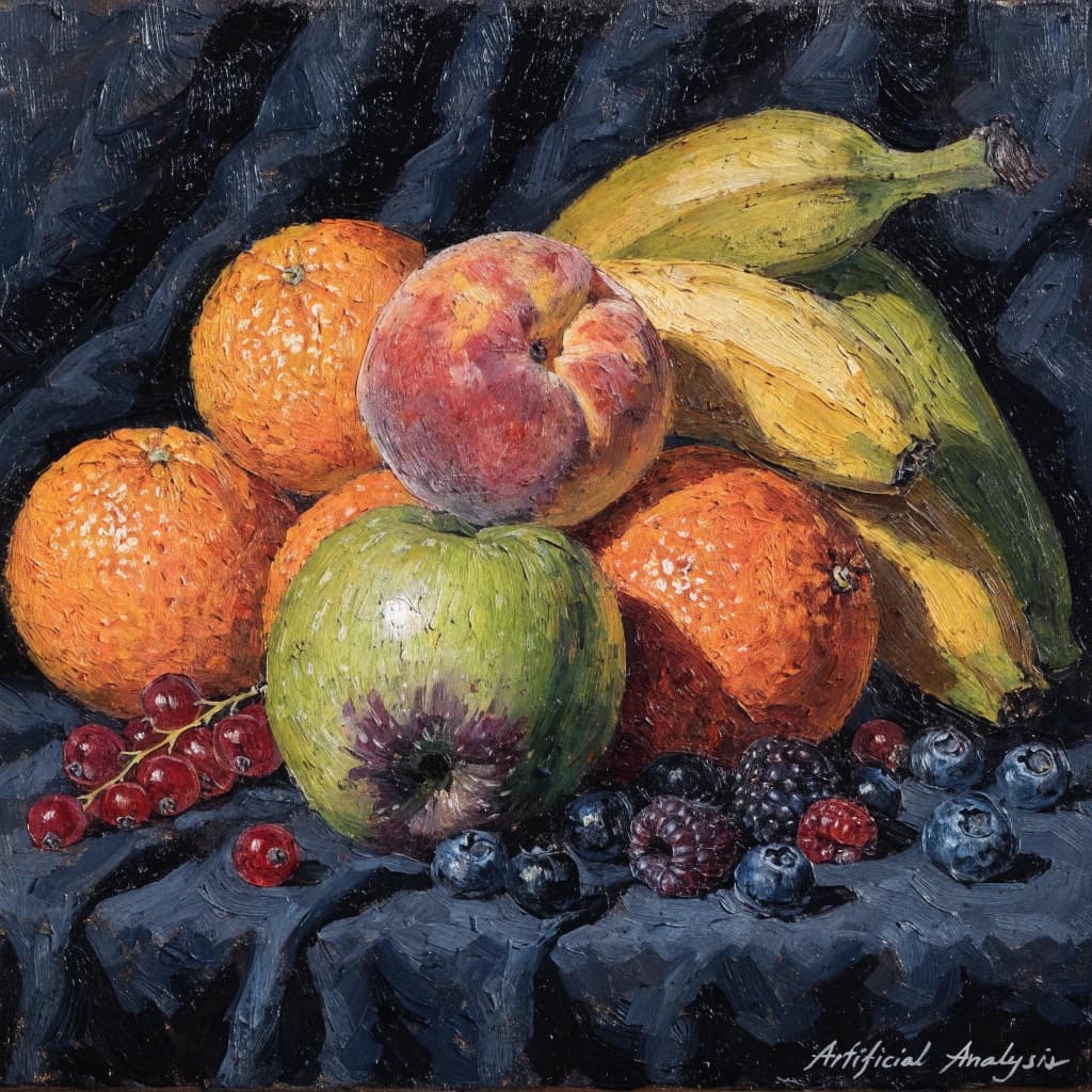 A still life scene painted oil on canvas, comprising various fruits on a black table cloth with striking lighting coming from the right out of frame, creating strong shadows. A bruised green apple is in the foreground, a peach behind it, and behind that a melange of oranges and bananas in various states of ripeness. Berries are strewn in front of the apple. The artist has signed his name "Artificial Analysis" in the bottom right corner in a hurried fashion.