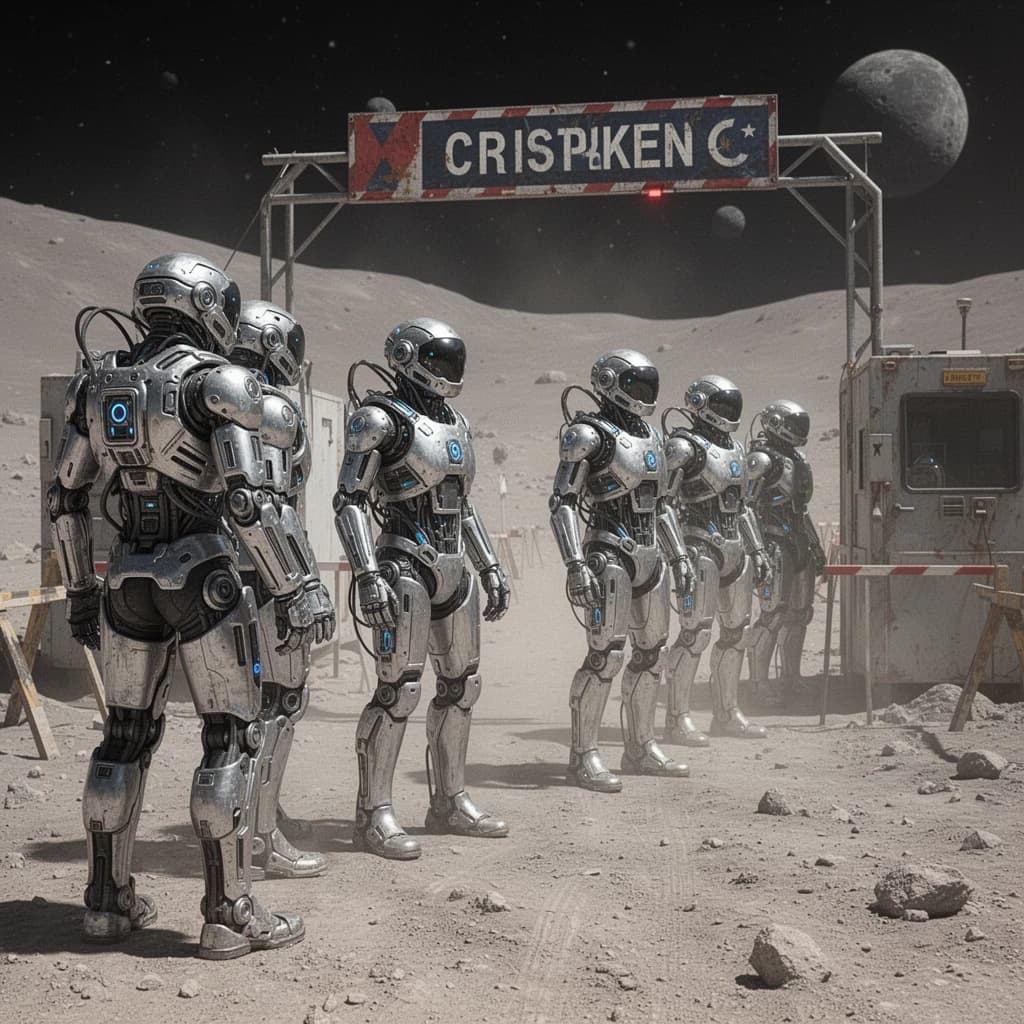 Silver exosuits queue at a dusty lunar checkpoint.