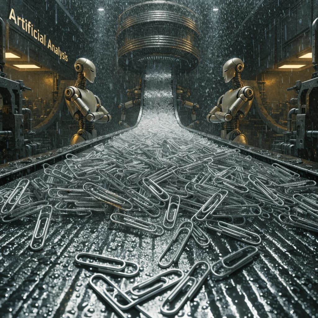 Close up point of view perspective on a conveyor belt pumping out paperclips at a maddening pace. The high tech factory has Artificial Analysis printed proudly on the wall. Robot staff look approvingly over the robust output.