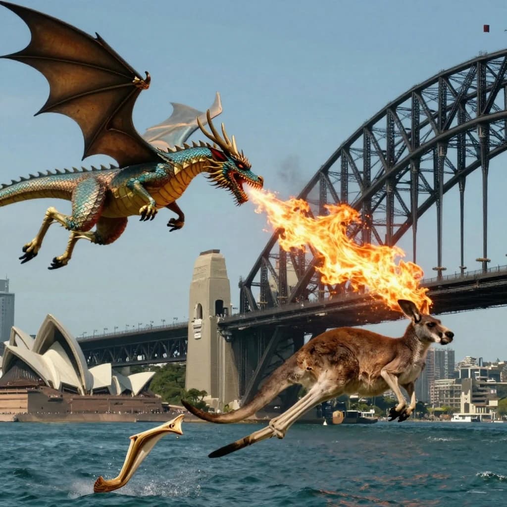 A dragon breathes fire at a kangaroo that is running away by climbing over the top of the Sydney Harbour Bridge. Opera House visible in the background.