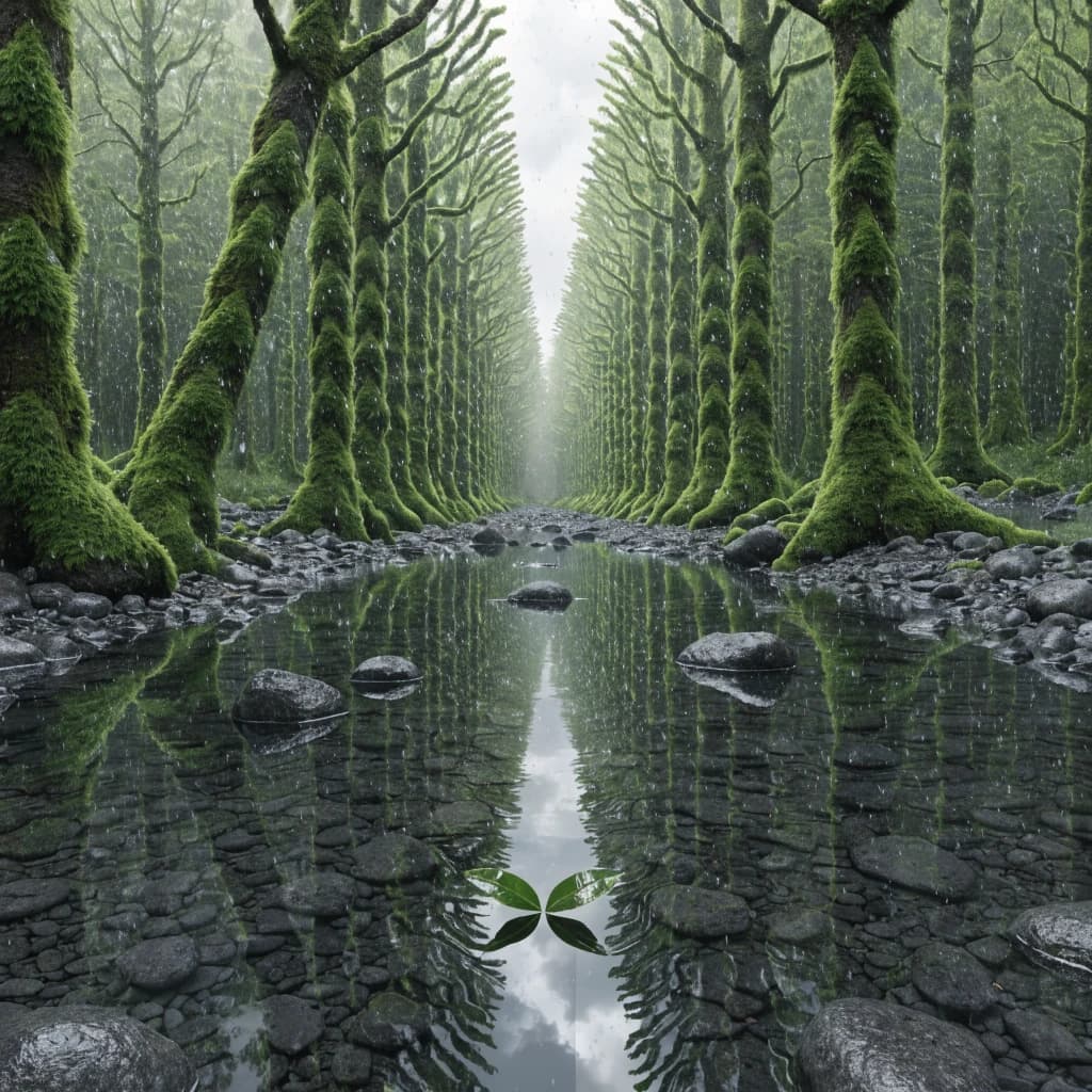 The forest is saturated green, trees identical in height and width, trunks straight, bark texture repeating. One trunk leans diagonally yet the branches remain vertical. The moss is emerald, glistening, though each patch forms identical diamond shapes. A stream runs straight, perfectly linear, water clear, reflecting clouds not visible in the sky. No animals, no insects, but one leaf floats on the water, doubled, showing two overlapping shadows.