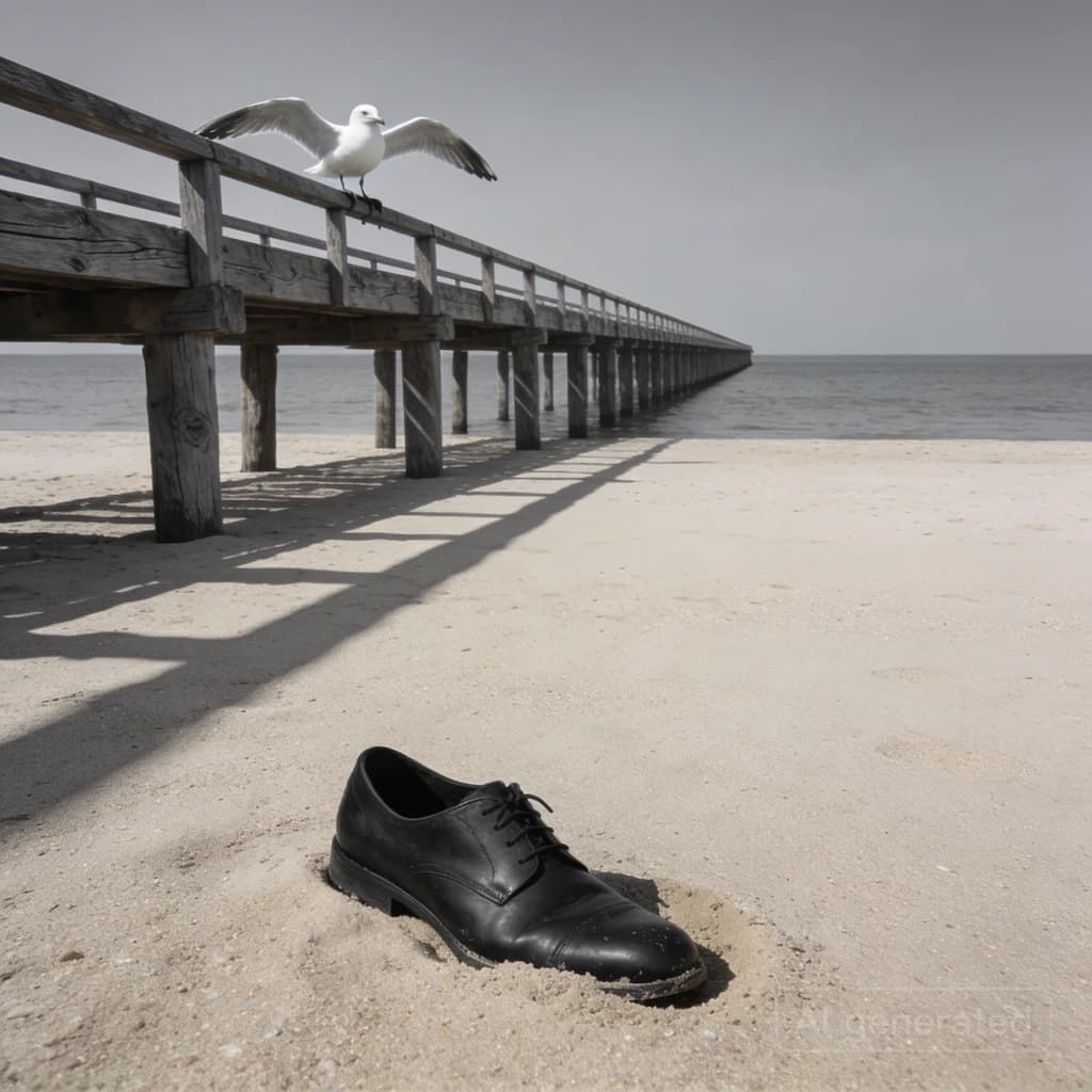 The beach is flat, sand beige, granular, no shells, except for a single left shoe, black leather, size eleven, half buried at an angle. The pier extends straight into the water, wood untreated, grain visible, though the support posts vanish before they touch the surface. The sky is uniformly gray, no clouds, yet shadows stretch at sharp diagonals. A single gull sits on the railing, wings outstretched, frozen mid-flap, no movement.