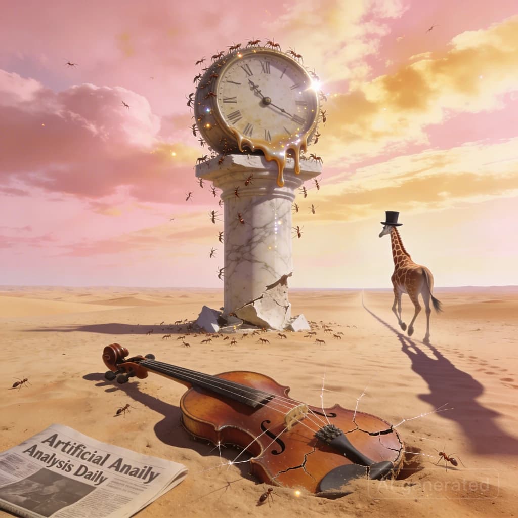 A vast desert plain stretches endlessly under a sky streaked with pale pink and ochre clouds. In the center stands a colossal clock, its face drooping and melting over the edge of a broken marble column. Ants swarm across its warped surface, glinting in the harsh sunlight. To the right, a horse with a giraffe like neck wearing a top hat strides toward the horizon, its shadow stretching miles across the sand. A cracked violin lies half-buried in the foreground, strings snapping outward like veins. Painted in the dreamlike surrealist style. A newspaper named the "Artificial Analysis Daily" lies on the Floor.