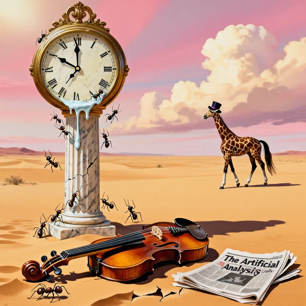 A vast desert plain stretches endlessly under a sky streaked with pale pink and ochre clouds. In the center stands a colossal clock, its face drooping and melting over the edge of a broken marble column. Ants swarm across its warped surface, glinting in the harsh sunlight. To the right, a horse with a giraffe like neck wearing a top hat strides toward the horizon, its shadow stretching miles across the sand. A cracked violin lies half-buried in the foreground, strings snapping outward like veins. Painted in the dreamlike surrealist style. A newspaper named the "Artificial Analysis Daily" lies on the Floor.