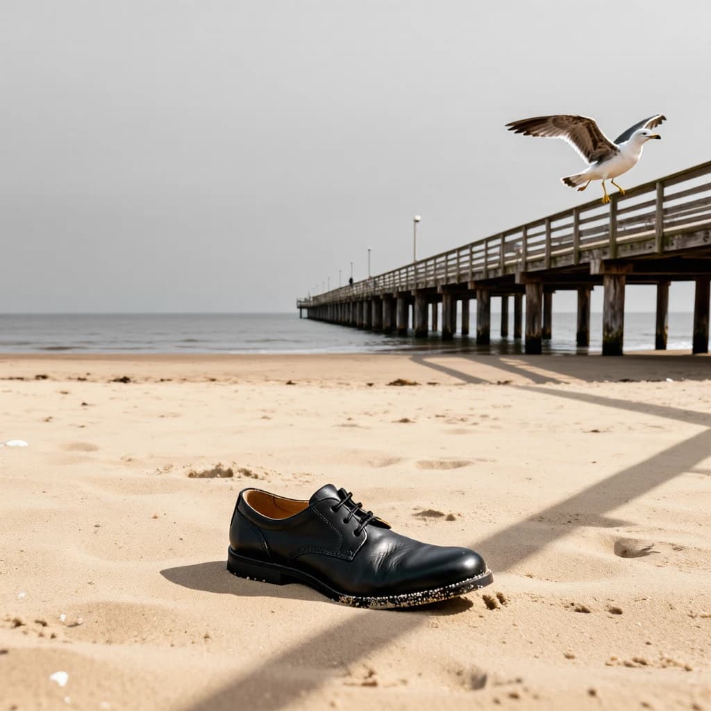 The beach is flat, sand beige, granular, no shells, except for a single left shoe, black leather, size eleven, half buried at an angle. The pier extends straight into the water, wood untreated, grain visible, though the support posts vanish before they touch the surface. The sky is uniformly gray, no clouds, yet shadows stretch at sharp diagonals. A single gull sits on the railing, wings outstretched, frozen mid-flap, no movement.