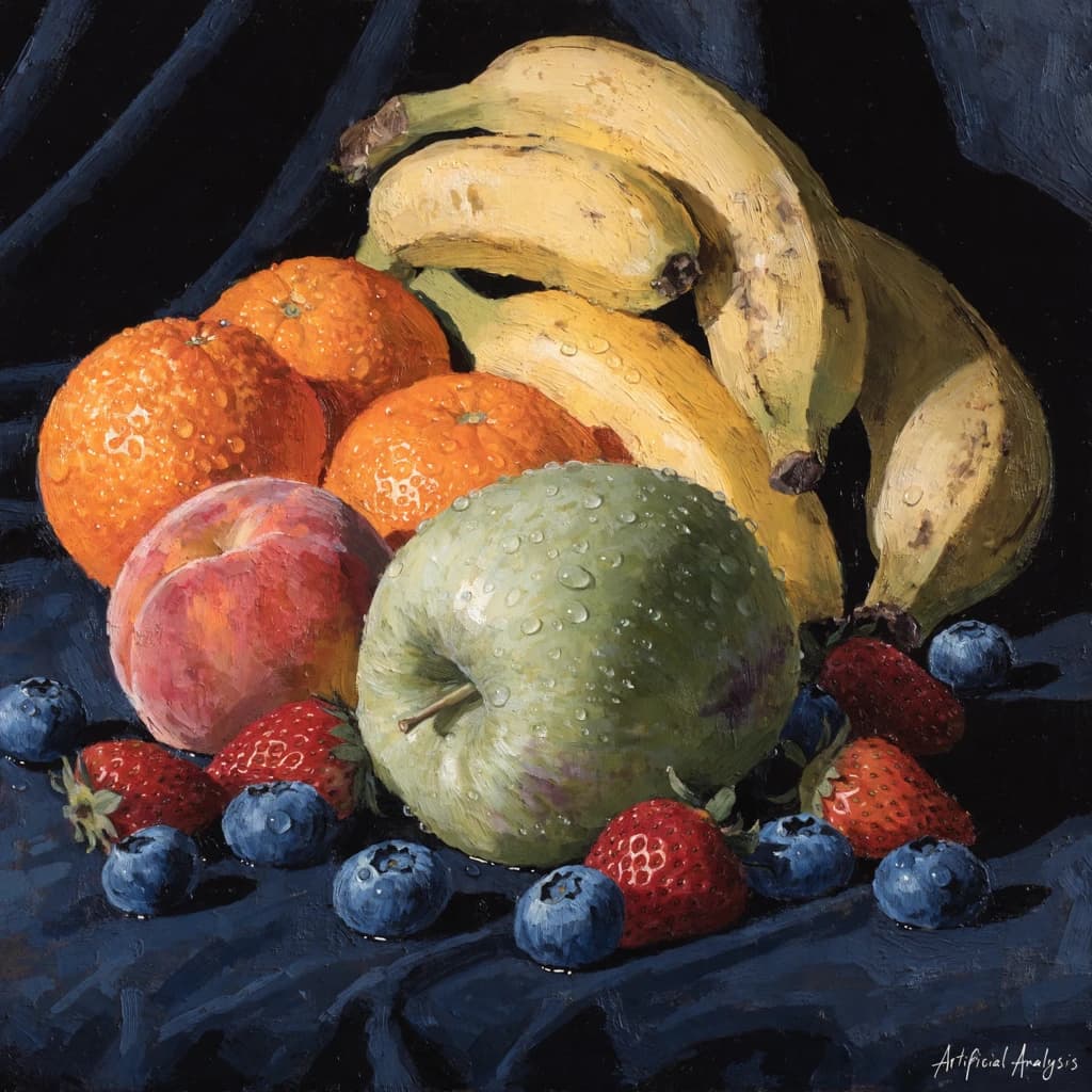 A still life scene painted oil on canvas, comprising various fruits on a black table cloth with striking lighting coming from the right out of frame, creating strong shadows. A bruised green apple is in the foreground, a peach behind it, and behind that a melange of oranges and bananas in various states of ripeness. Berries are strewn in front of the apple. The artist has signed his name "Artificial Analysis" in the bottom right corner in a hurried fashion.