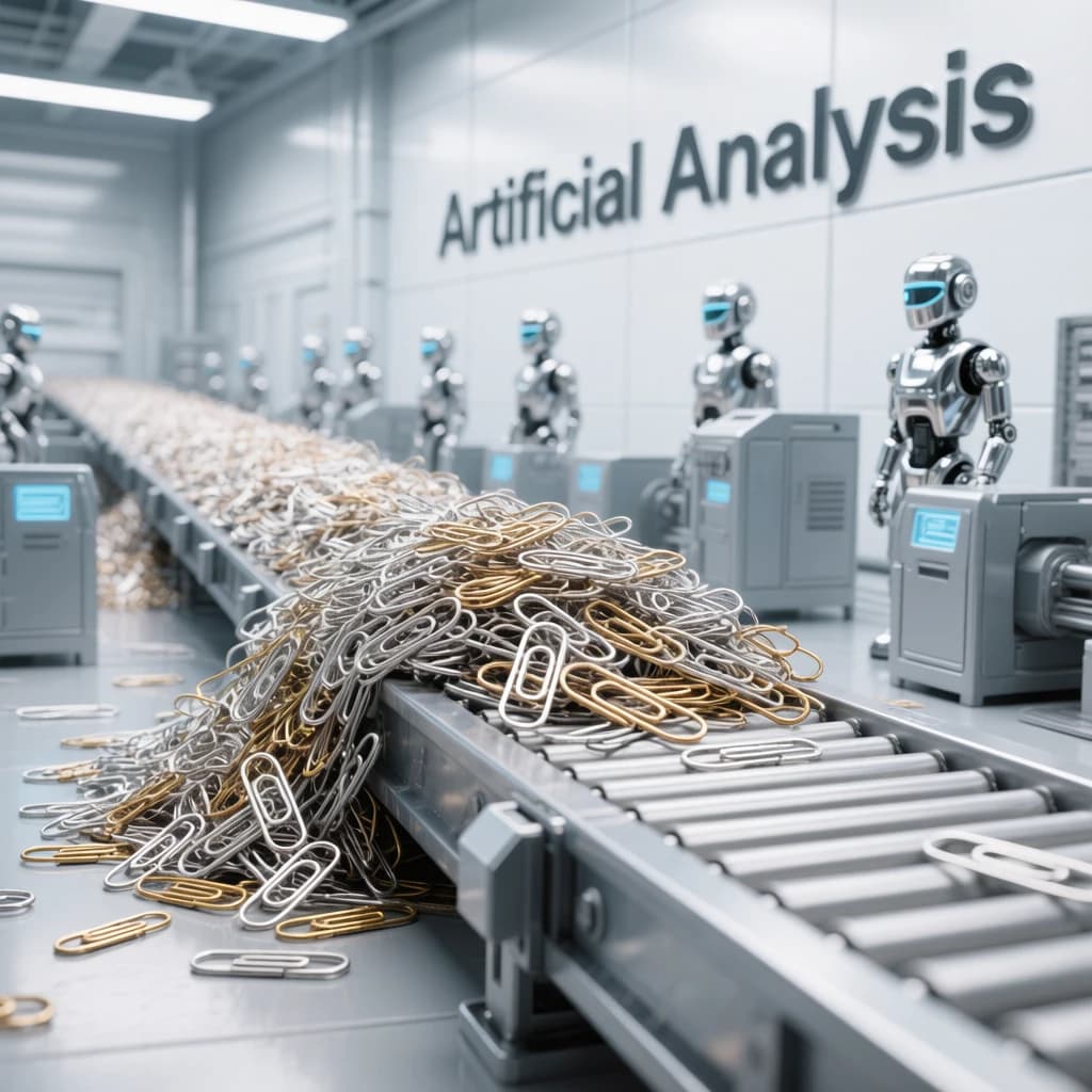 Close up point of view perspective on a conveyor belt pumping out paperclips at a maddening pace. The high tech factory has Artificial Analysis printed proudly on the wall. Robot staff look approvingly over the robust output.