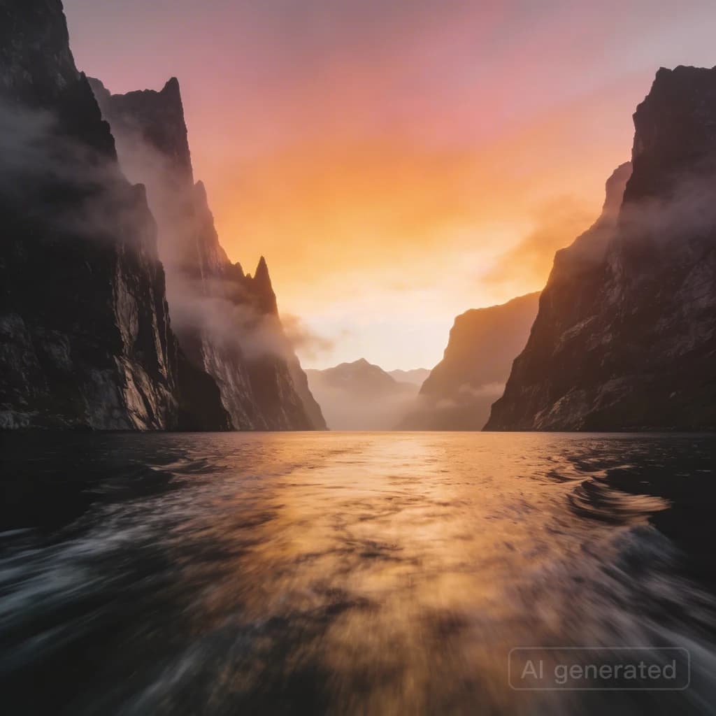 Frame a foggy fjord at sunrise, cliffs looming.