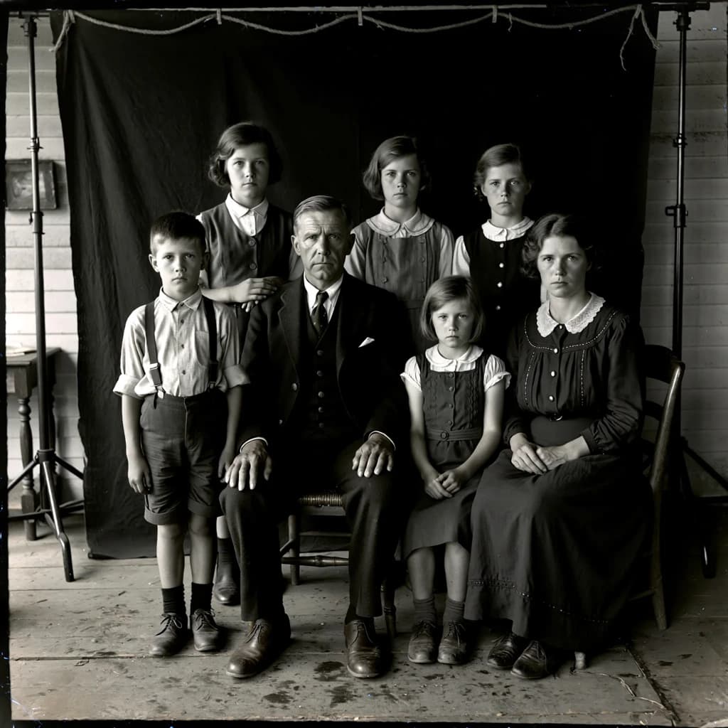 Everybody holds still and nobody smiles for the family portrait. It's 1928 in Kansas