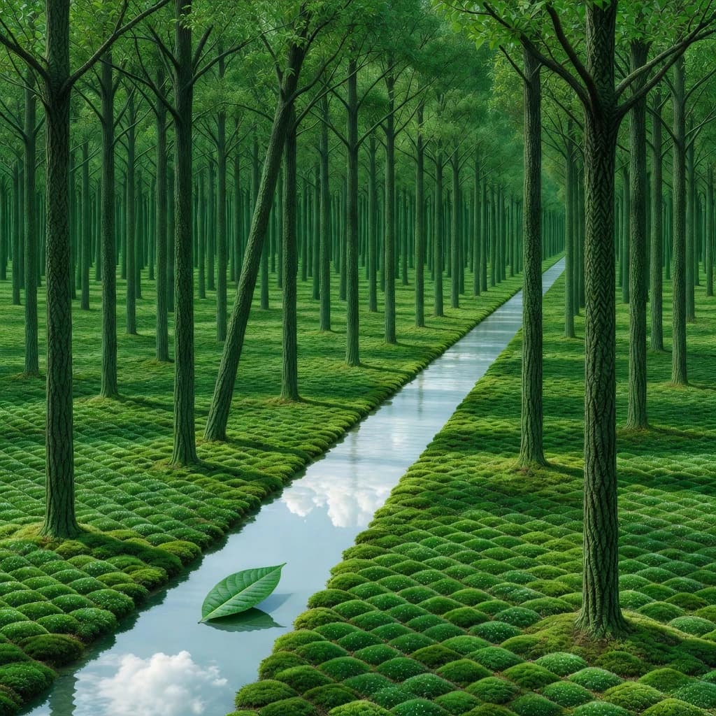 The forest is saturated green, trees identical in height and width, trunks straight, bark texture repeating. One trunk leans diagonally yet the branches remain vertical. The moss is emerald, glistening, though each patch forms identical diamond shapes. A stream runs straight, perfectly linear, water clear, reflecting clouds not visible in the sky. No animals, no insects, but one leaf floats on the water, doubled, showing two overlapping shadows.