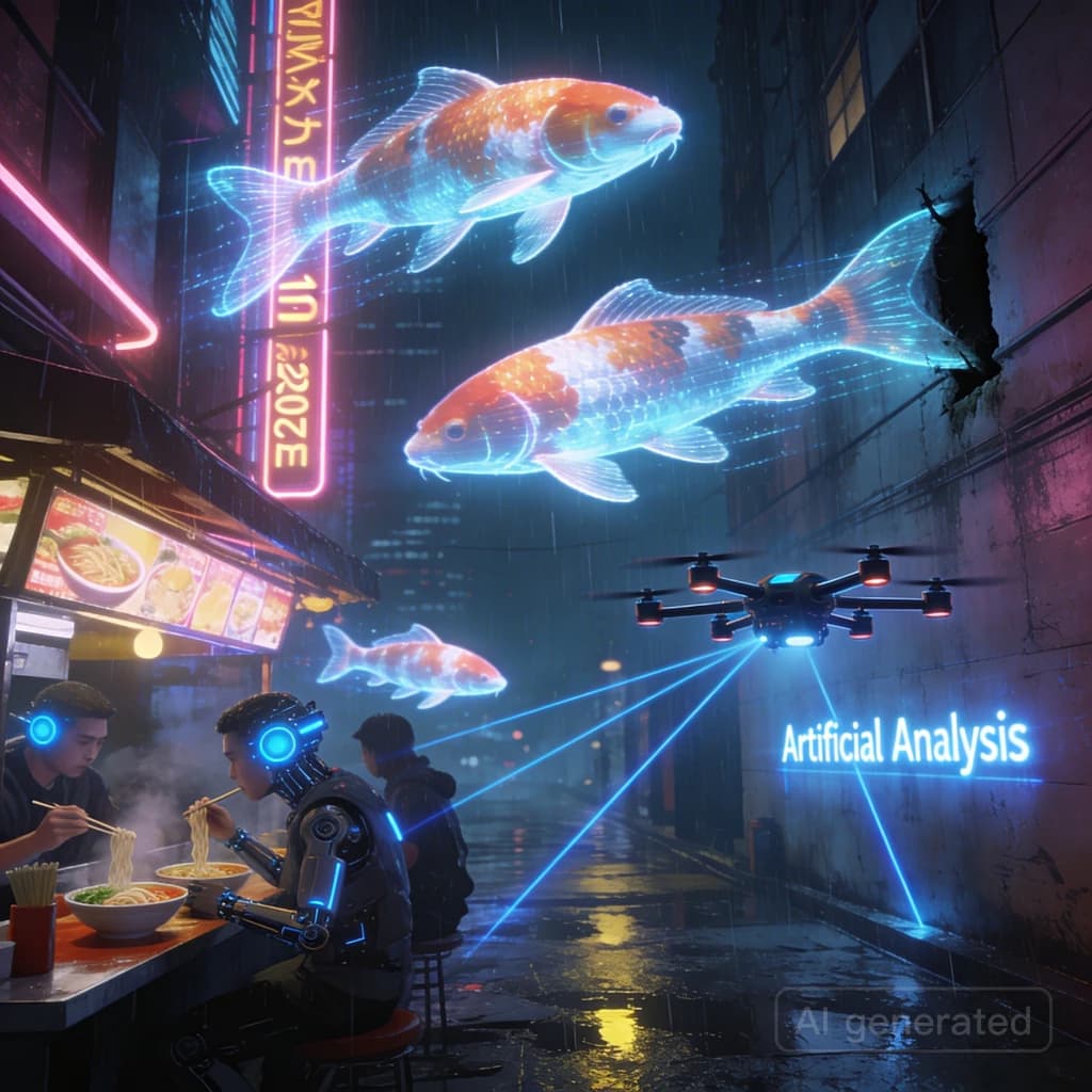 A neon alley in Neo-Tokyo 2142 drips with rain Cybernetic patrons slurp ramen at a stall with their glowing implants humming with blue light. Three giant holographic koi hover 10 metres above the ground and swim across the skyline, one has clipped into a building. A six-prop drone hovers nearby, projecting "Artificial Analysis" onto a wall with blue laser beams visible