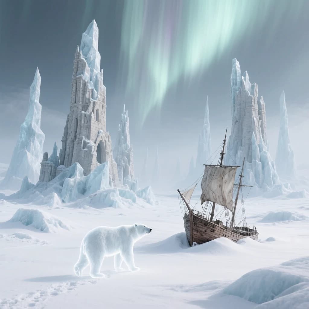 An endless tundra stretches outward, littered with jagged icebergs shaped like cathedral spires. A polar bear trudges across the foreground but leaves no tracks. Auroras ripple overhead. A half-buried shipwreck juts from the snow — sails billowing despite the still air.