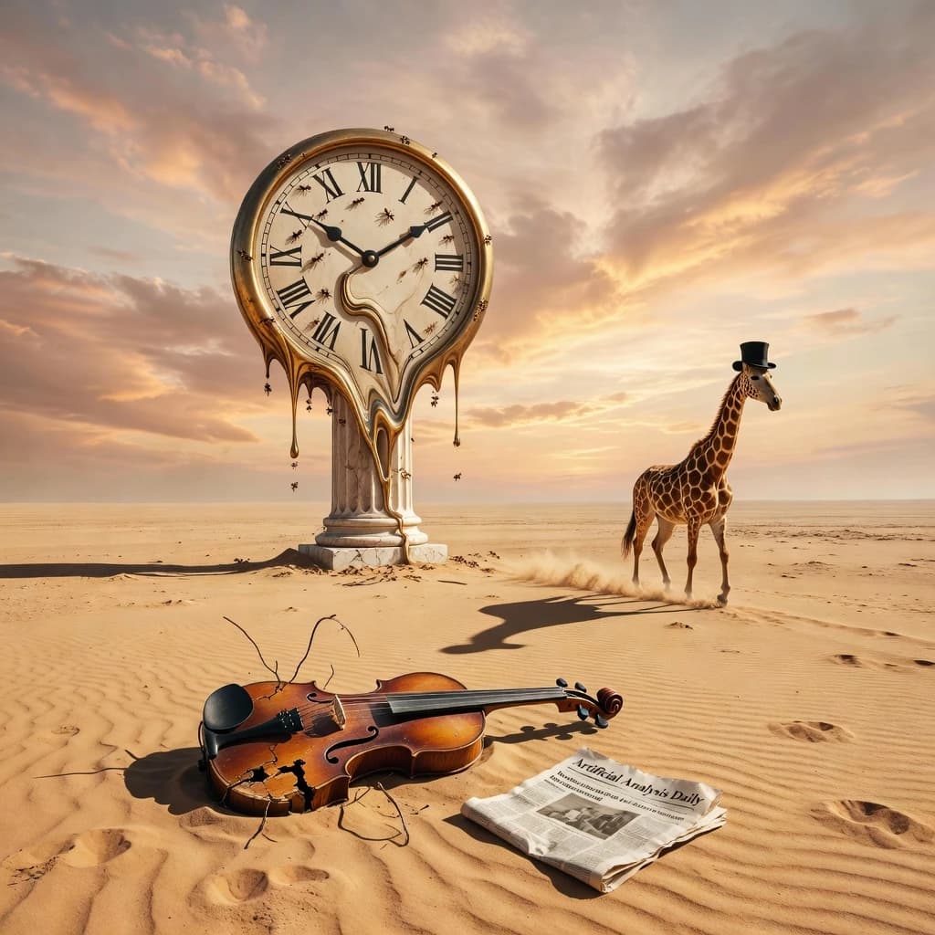 A vast desert plain stretches endlessly under a sky streaked with pale pink and ochre clouds. In the center stands a colossal clock, its face drooping and melting over the edge of a broken marble column. Ants swarm across its warped surface, glinting in the harsh sunlight. To the right, a horse with a giraffe like neck wearing a top hat strides toward the horizon, its shadow stretching miles across the sand. A cracked violin lies half-buried in the foreground, strings snapping outward like veins. Painted in the dreamlike surrealist style. A newspaper named the "Artificial Analysis Daily" lies on the Floor.