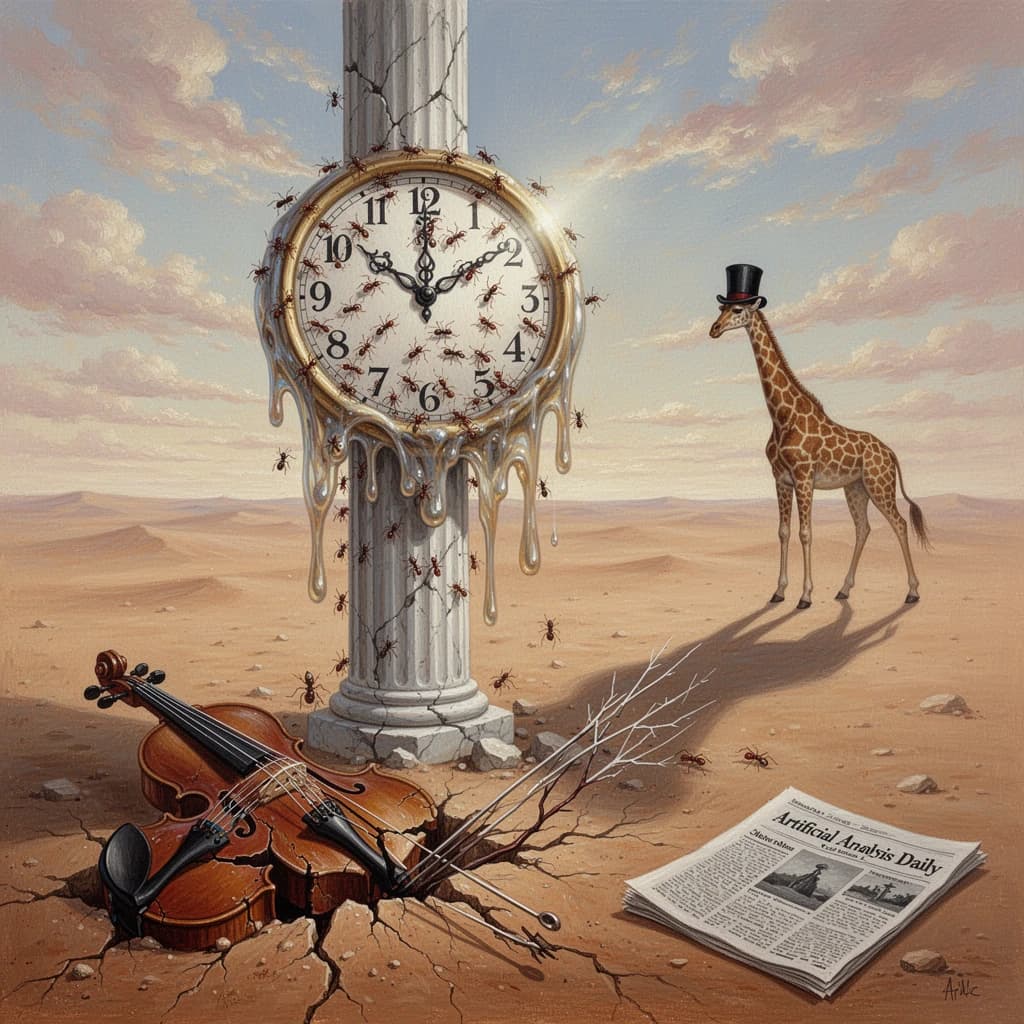 A vast desert plain stretches endlessly under a sky streaked with pale pink and ochre clouds. In the center stands a colossal clock, its face drooping and melting over the edge of a broken marble column. Ants swarm across its warped surface, glinting in the harsh sunlight. To the right, a horse with a giraffe like neck wearing a top hat strides toward the horizon, its shadow stretching miles across the sand. A cracked violin lies half-buried in the foreground, strings snapping outward like veins. Painted in the dreamlike surrealist style. A newspaper named the "Artificial Analysis Daily" lies on the Floor.