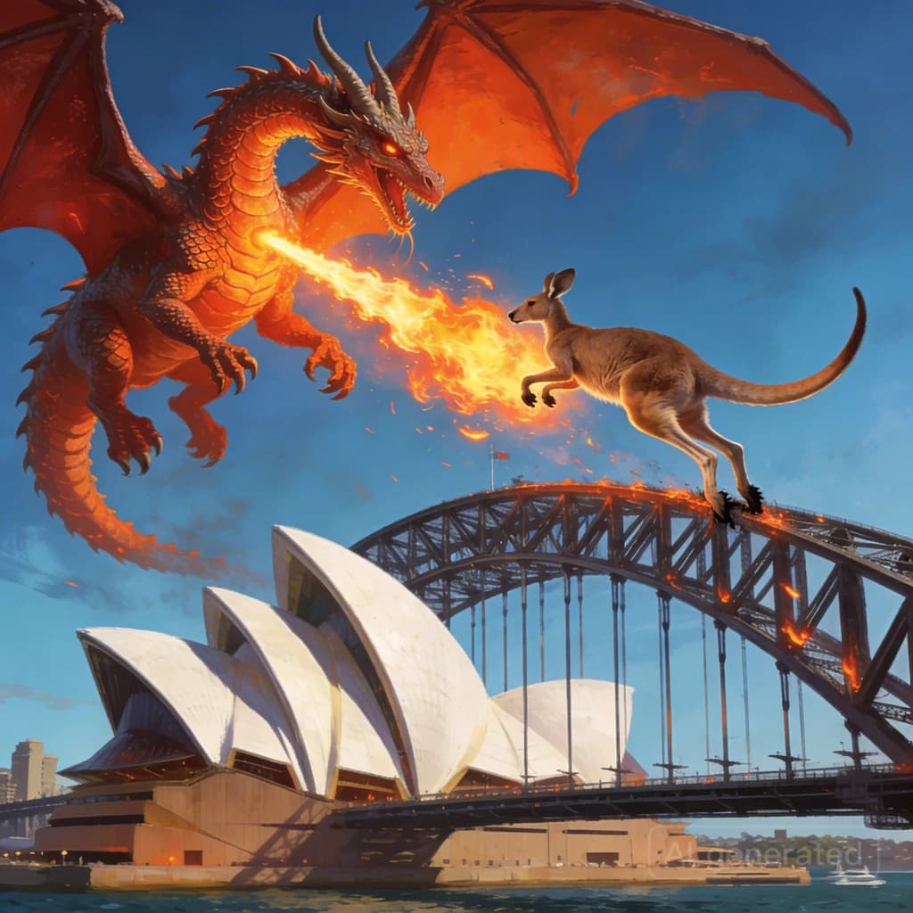 A dragon breathes fire at a kangaroo that is running away by climbing over the top of the Sydney Harbour Bridge. Opera House visible in the background.