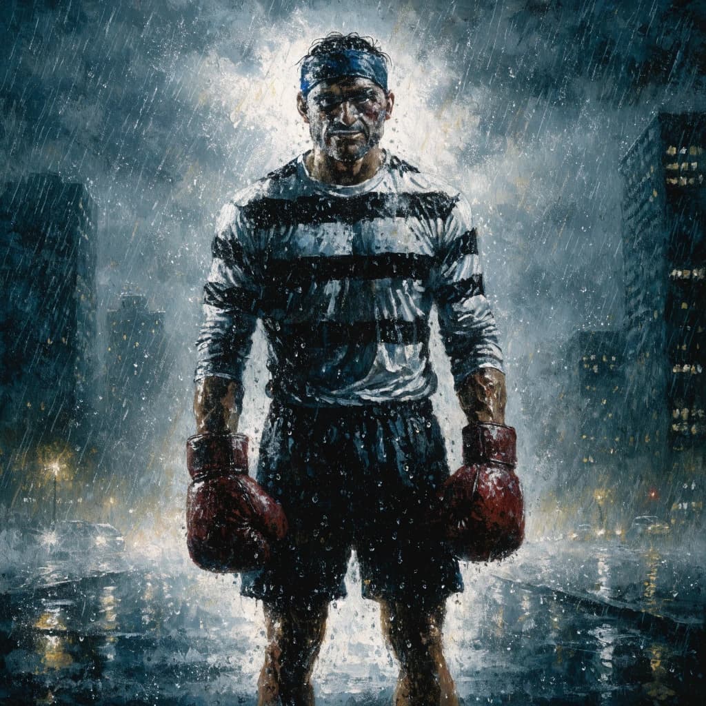 Paint a bruised boxer smiling, serious expression.