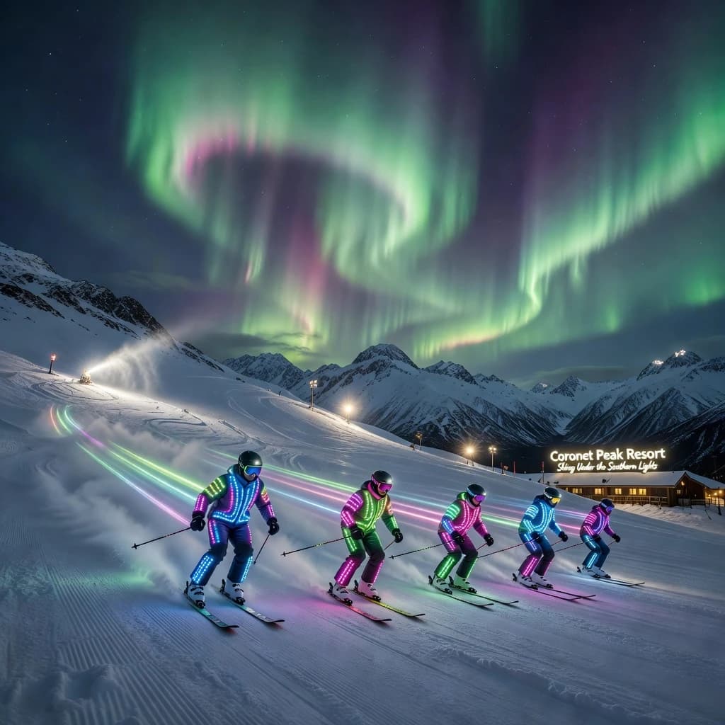 Coronet Peak Night Skiing: Skiers in colorful LED suits carve their way down the slopes of New Zealand's Coronet Peak under the Aurora Borealis, the skiers' light trails visible behind them