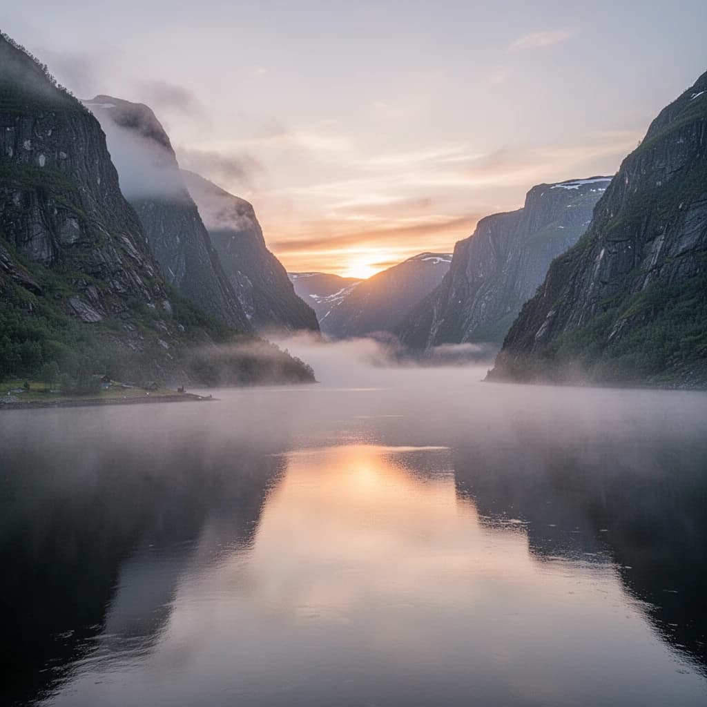 Frame a foggy fjord at sunrise, cliffs looming.