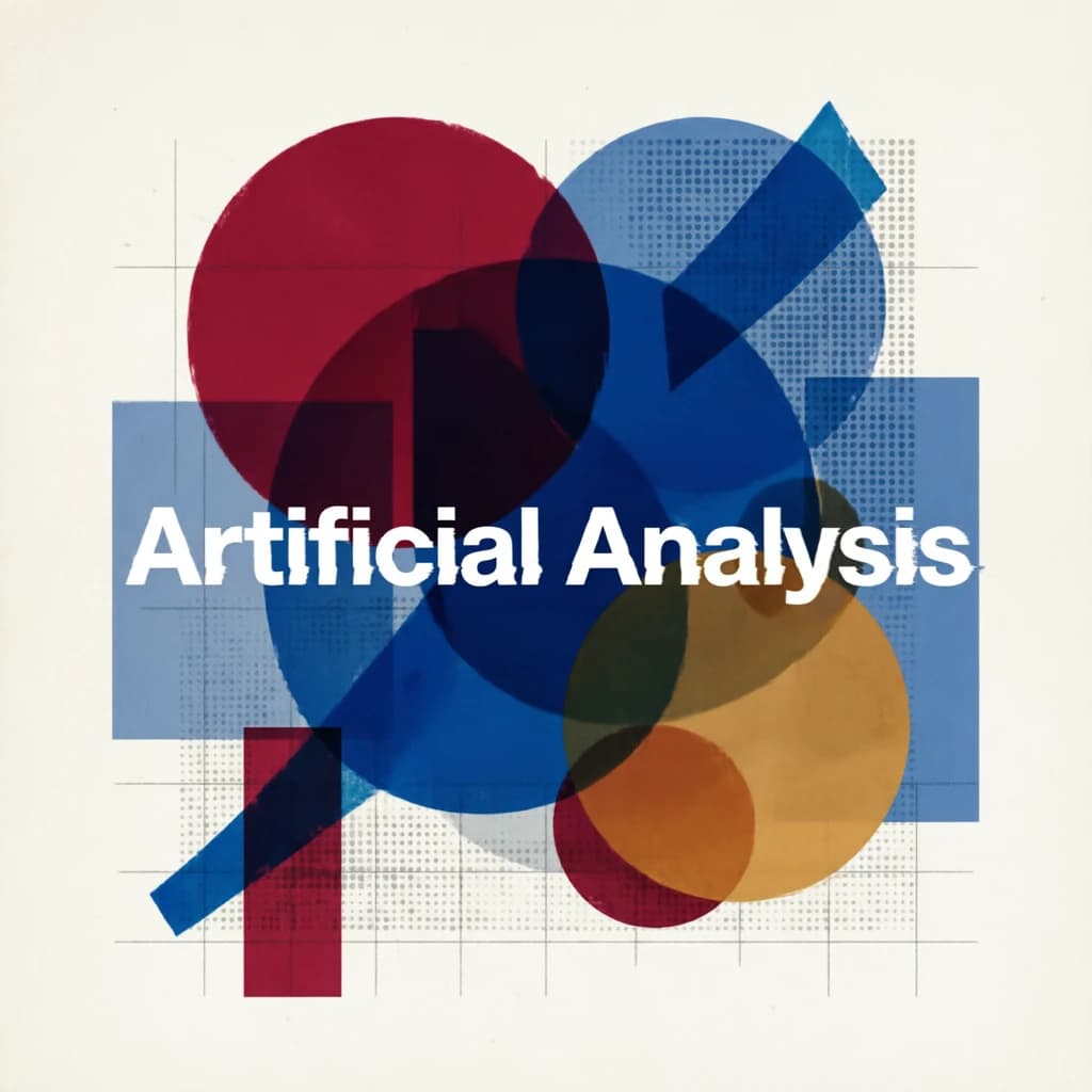 A bold poster composition dominated by flat geometric shapes in crimson, cobalt, and ochre. Overlapping circles and sharp diagonal lines create dynamic tension across the frame. A single sans-serif word — Artificial Analysis — stretches across the center in stark white, distorted slightly as though caught mid-glitch. The background is textured with halftone dots and faint grid lines, while subtle overlays of translucent rectangles suggest depth. Designed in the spirit of modernist Swiss typography fused with digital glitch aesthetics.