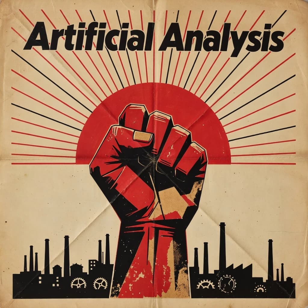 A propaganda poster in stark red, black, and beige. A clenched fist rises in the foreground, rendered with sharp geometric blocks. Behind it, radiating lines stretch upward toward a stylized sun. At the top, bold sans-serif lettering in Cyrillic-inspired type spells out Artificial Analysis, tilted at an angle for emphasis. A factory skyline silhouettes the bottom edge, smoke stacks rising into the background. The texture is rough, printed on aged paper with visible creases and ink bleed. Designed in the constructivist Soviet poster style.