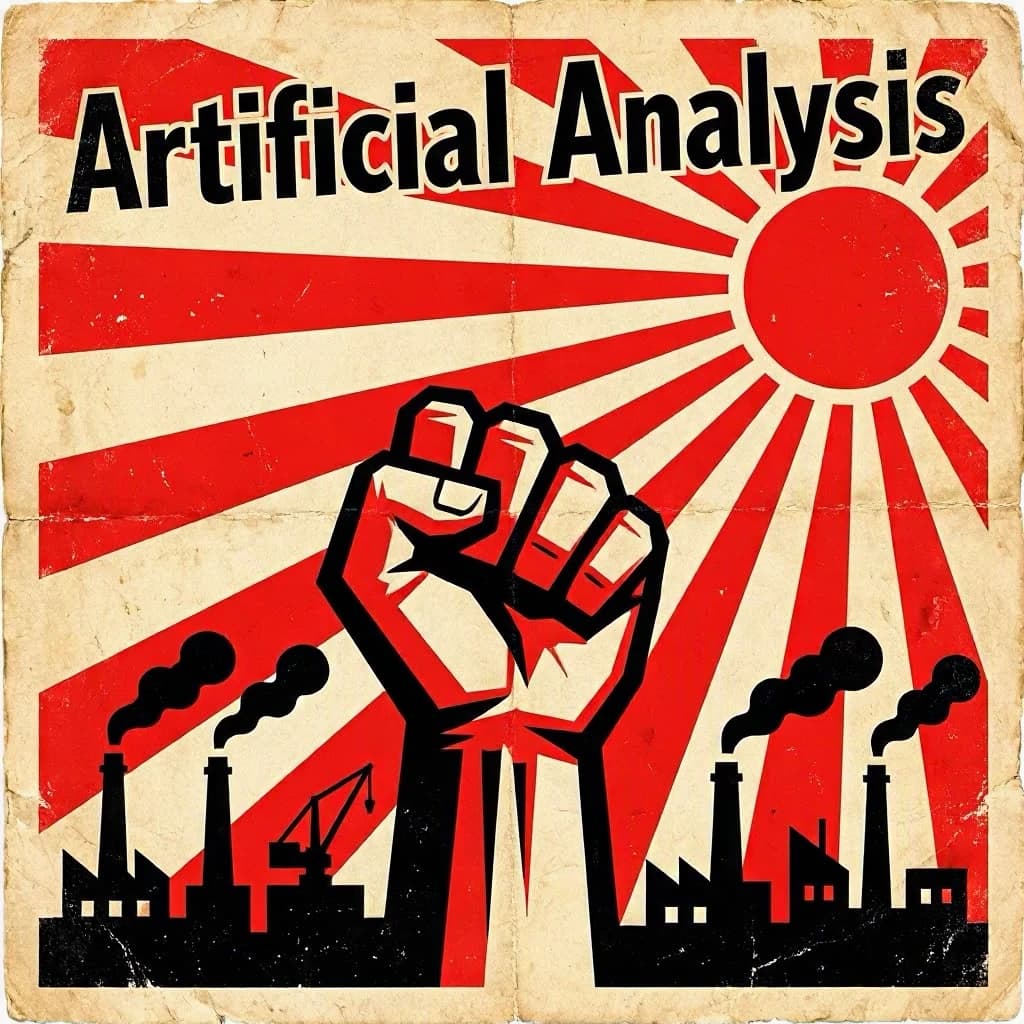 A propaganda poster in stark red, black, and beige. A clenched fist rises in the foreground, rendered with sharp geometric blocks. Behind it, radiating lines stretch upward toward a stylized sun. At the top, bold sans-serif lettering in Cyrillic-inspired type spells out Artificial Analysis, tilted at an angle for emphasis. A factory skyline silhouettes the bottom edge, smoke stacks rising into the background. The texture is rough, printed on aged paper with visible creases and ink bleed. Designed in the constructivist Soviet poster style.