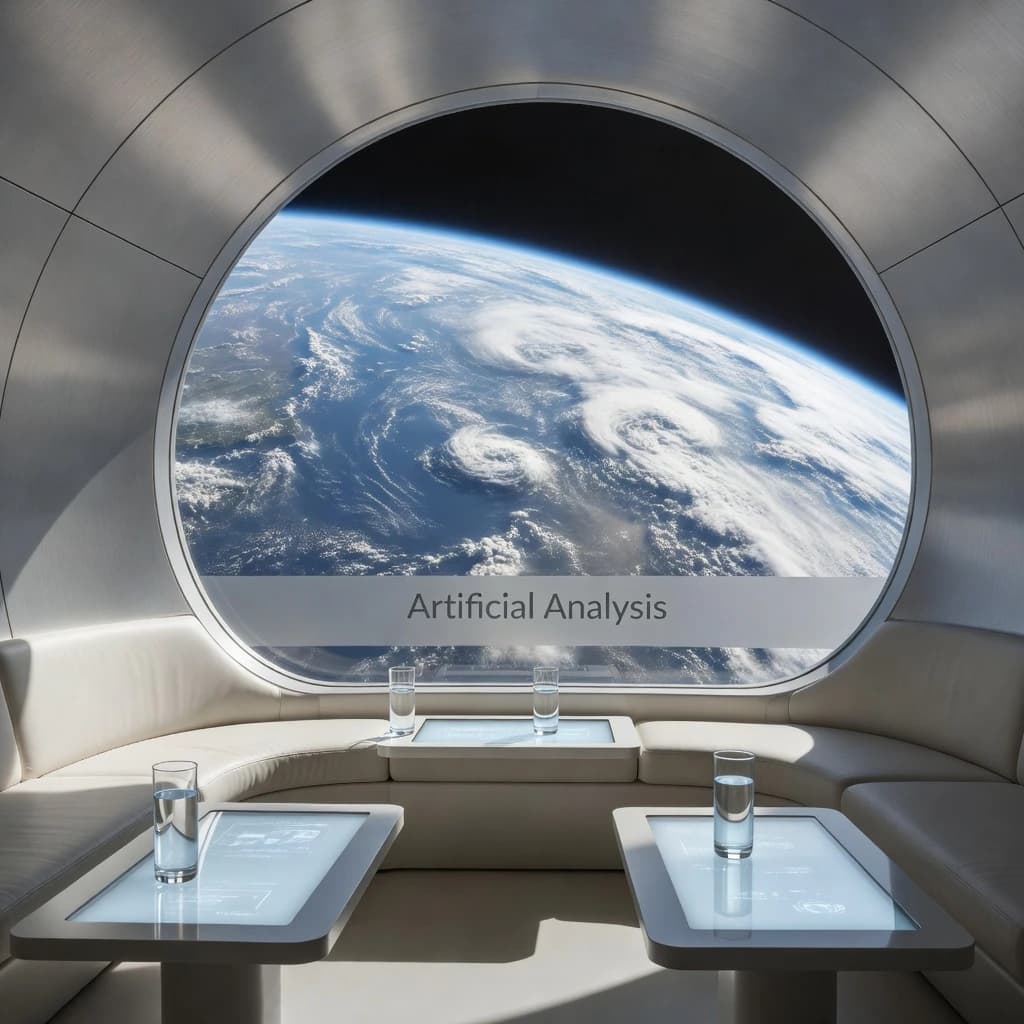 The orbital lounge has brushed aluminum walls and pale leather banquettes. Low white tables are inset with glowing touchscreens. Drinks are clear, flavorless, in tall unmarked glasses. The viewport is floor-to-ceiling, showing Earth moving slowly beneath. The word Artificial Analysis is etched discreetly on the glass in a frosted band.