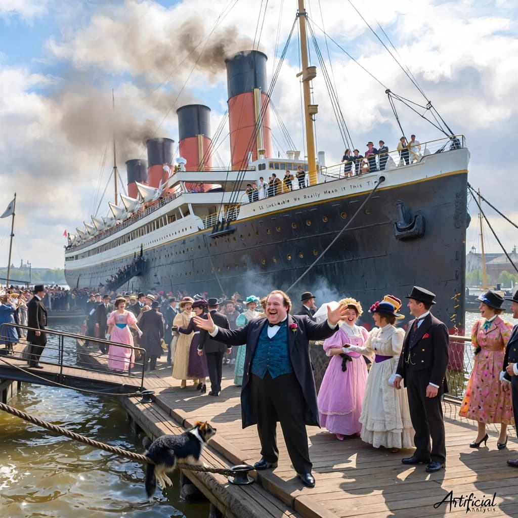 An impressionistic painting of the mighty steamer the "SS Unsinkable We Really Mean It This Time" on a cloudy but bright London morning about to set out on her maiden voyage. A jubilant crowd is gathered on the dock around the paunchy mayor who is making a speech, gesticulating wildly with his hands. The gangways are busy with well heeled ladies and gentlemen making their way onto the ship. A cheeky cat hangs over the water, clinging to the mooring rope after an ill-fated attempt to climb up. The artist has signed his name "Artificial Analysis" in the bottom corner