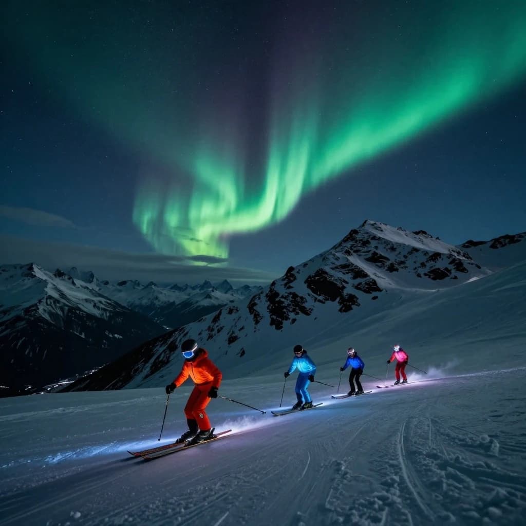 Coronet Peak Night Skiing: Skiers in colorful LED suits carve their way down the slopes of New Zealand's Coronet Peak under the Aurora Borealis, the skiers' light trails visible behind them