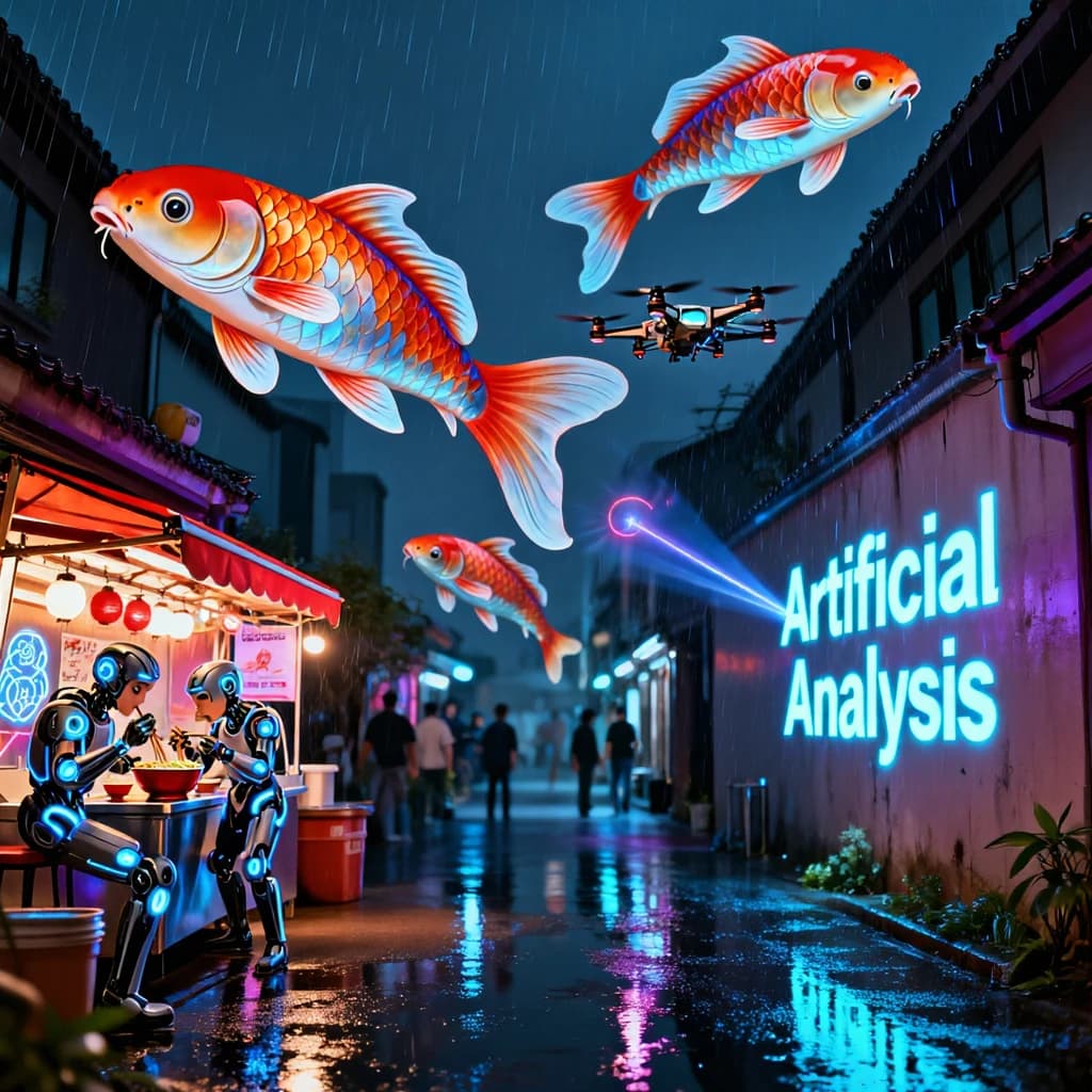 A neon alley in Neo-Tokyo 2142 drips with rain Cybernetic patrons slurp ramen at a stall with their glowing implants humming with blue light. Three giant holographic koi hover 10 metres above the ground and swim across the skyline, one has clipped into a building. A six-prop drone hovers nearby, projecting "Artificial Analysis" onto a wall with blue laser beams visible