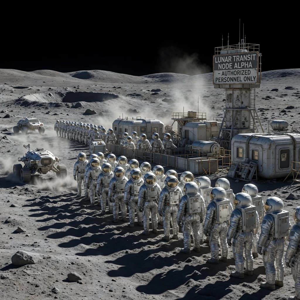 Silver exosuits queue at a dusty lunar checkpoint.