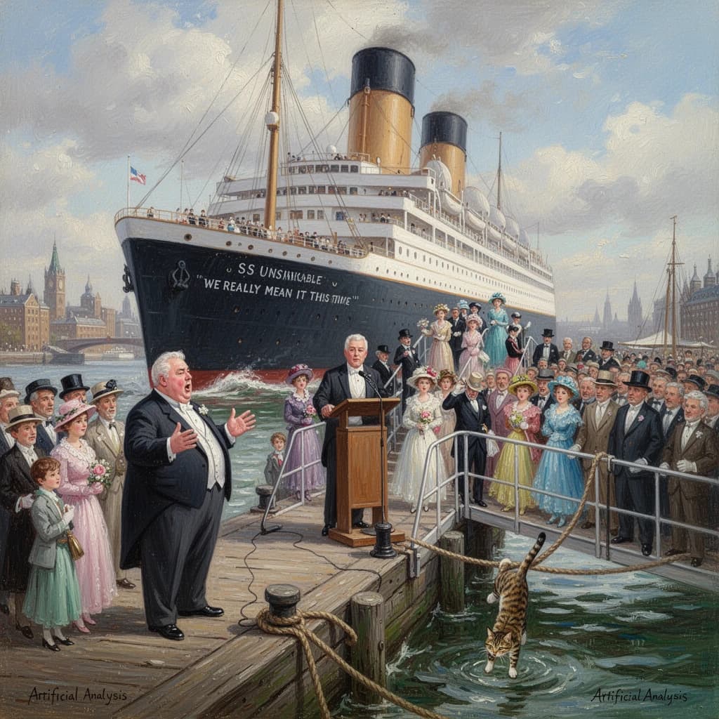 An impressionistic painting of the mighty steamer the "SS Unsinkable We Really Mean It This Time" on a cloudy but bright London morning about to set out on her maiden voyage. A jubilant crowd is gathered on the dock around the paunchy mayor who is making a speech, gesticulating wildly with his hands. The gangways are busy with well heeled ladies and gentlemen making their way onto the ship. A cheeky cat hangs over the water, clinging to the mooring rope after an ill-fated attempt to climb up. The artist has signed his name "Artificial Analysis" in the bottom corner