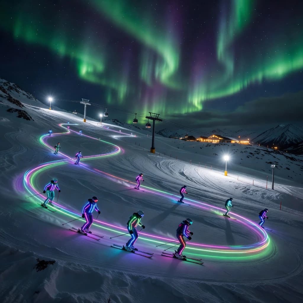 Coronet Peak Night Skiing: Skiers in colorful LED suits carve their way down the slopes of New Zealand's Coronet Peak under the Aurora Borealis, the skiers' light trails visible behind them