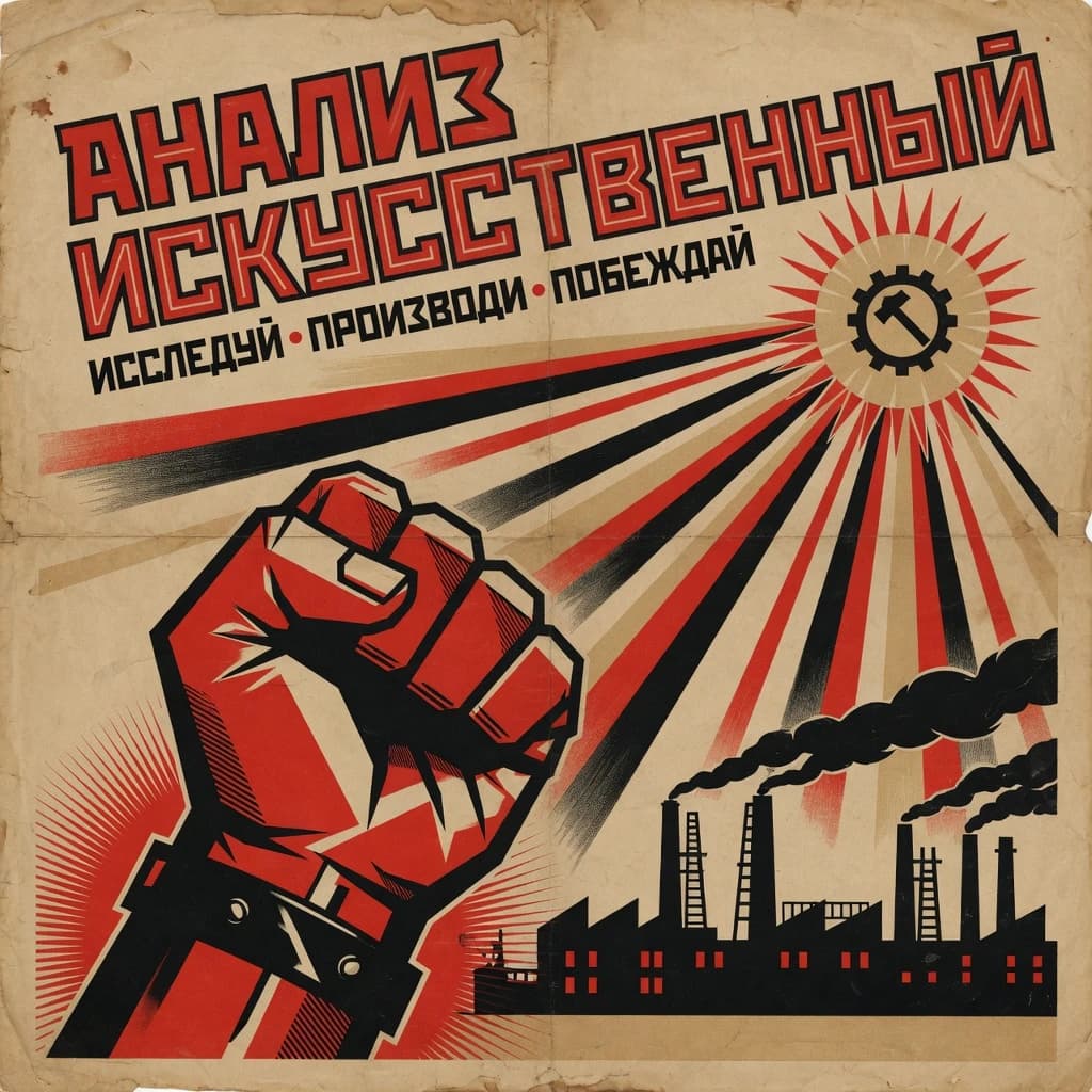 A propaganda poster in stark red, black, and beige. A clenched fist rises in the foreground, rendered with sharp geometric blocks. Behind it, radiating lines stretch upward toward a stylized sun. At the top, bold sans-serif lettering in Cyrillic-inspired type spells out Artificial Analysis, tilted at an angle for emphasis. A factory skyline silhouettes the bottom edge, smoke stacks rising into the background. The texture is rough, printed on aged paper with visible creases and ink bleed. Designed in the constructivist Soviet poster style.