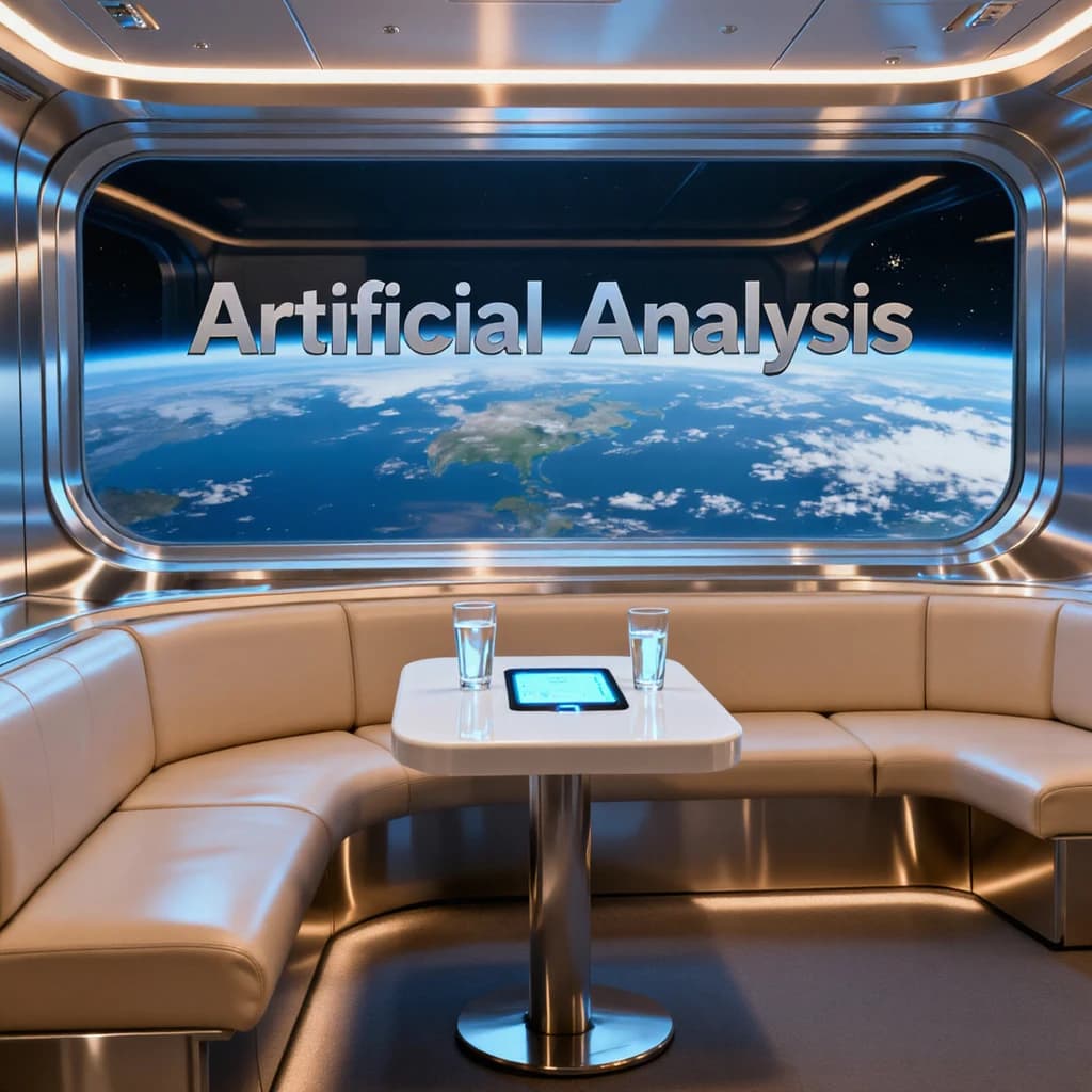The orbital lounge has brushed aluminum walls and pale leather banquettes. Low white tables are inset with glowing touchscreens. Drinks are clear, flavorless, in tall unmarked glasses. The viewport is floor-to-ceiling, showing Earth moving slowly beneath. The word Artificial Analysis is etched discreetly on the glass in a frosted band.