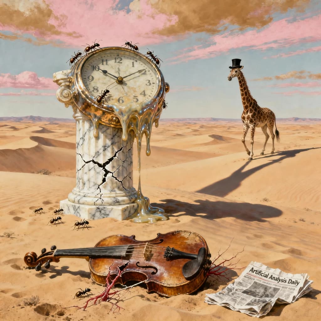 A vast desert plain stretches endlessly under a sky streaked with pale pink and ochre clouds. In the center stands a colossal clock, its face drooping and melting over the edge of a broken marble column. Ants swarm across its warped surface, glinting in the harsh sunlight. To the right, a horse with a giraffe like neck wearing a top hat strides toward the horizon, its shadow stretching miles across the sand. A cracked violin lies half-buried in the foreground, strings snapping outward like veins. Painted in the dreamlike surrealist style. A newspaper named the "Artificial Analysis Daily" lies on the Floor.