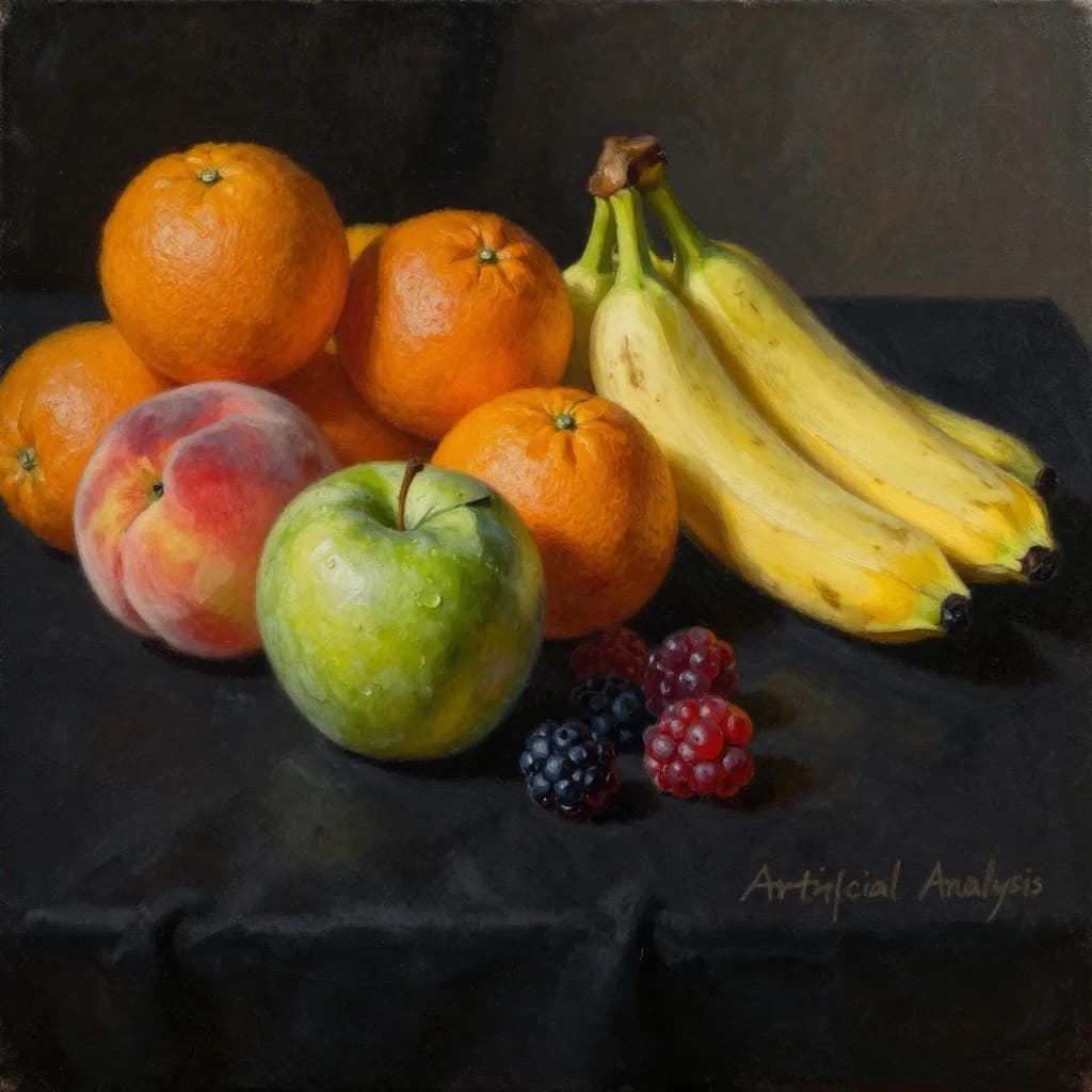 A still life scene painted oil on canvas, comprising various fruits on a black table cloth with striking lighting coming from the right out of frame, creating strong shadows. A bruised green apple is in the foreground, a peach behind it, and behind that a melange of oranges and bananas in various states of ripeness. Berries are strewn in front of the apple. The artist has signed his name "Artificial Analysis" in the bottom right corner in a hurried fashion.