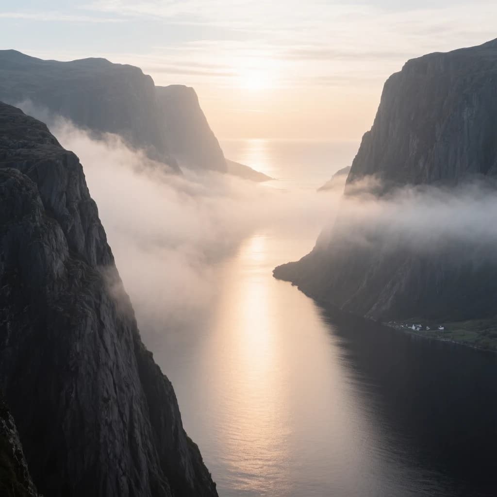 Frame a foggy fjord at sunrise, cliffs looming.