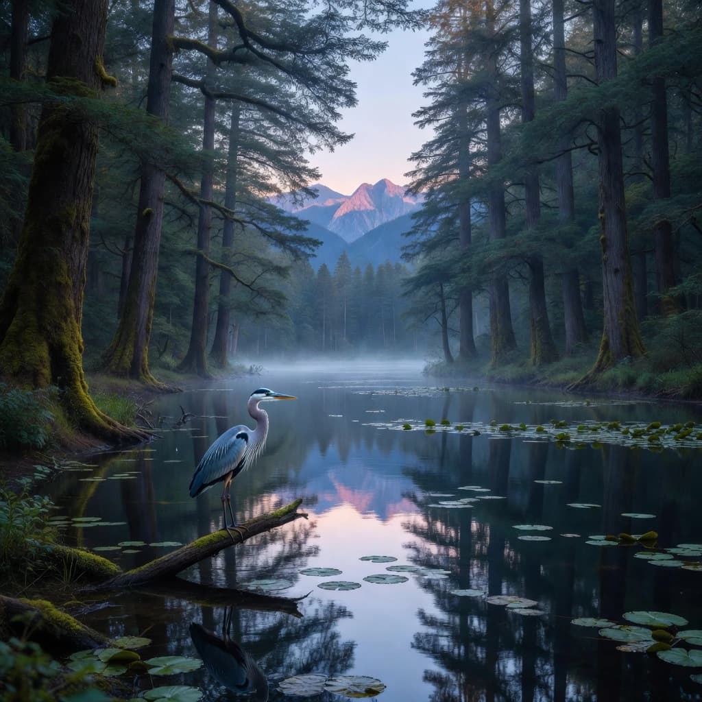 With pre-dawn mist along a cedar forest river and glassy water dotted with lily pads, distant mountains blush pink, and a heron stands still like it forgot what to do next.