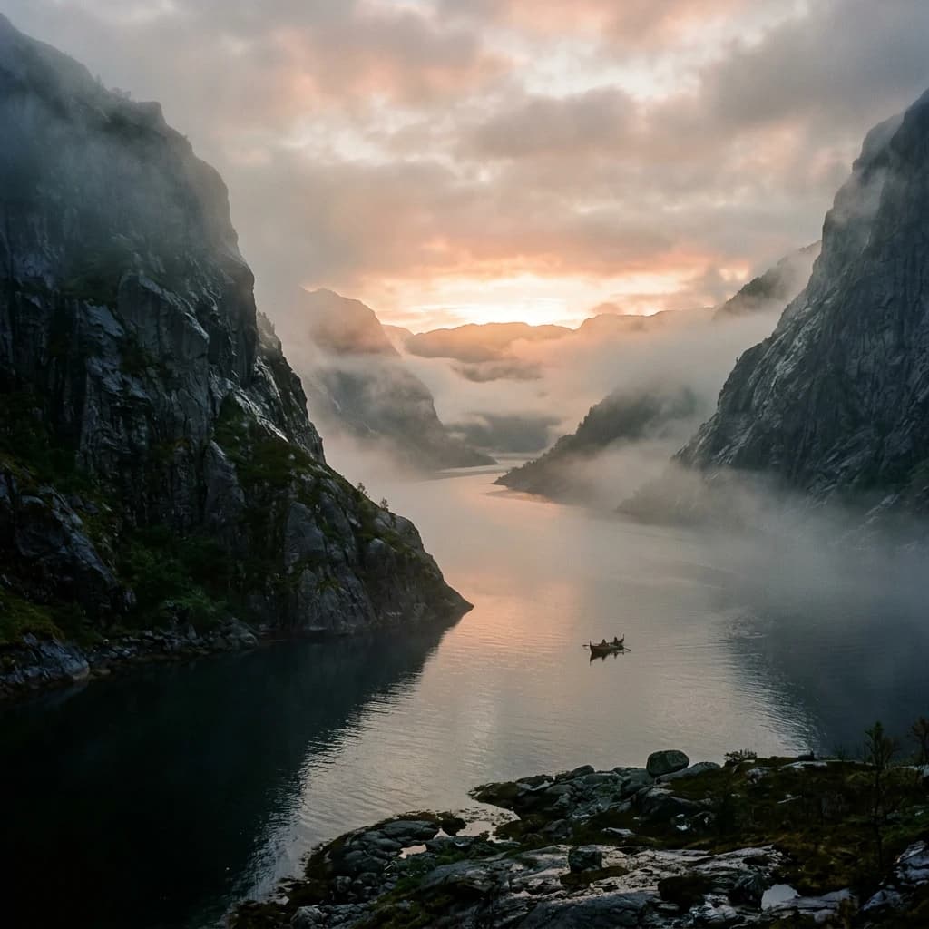 Frame a foggy fjord at sunrise, cliffs looming.