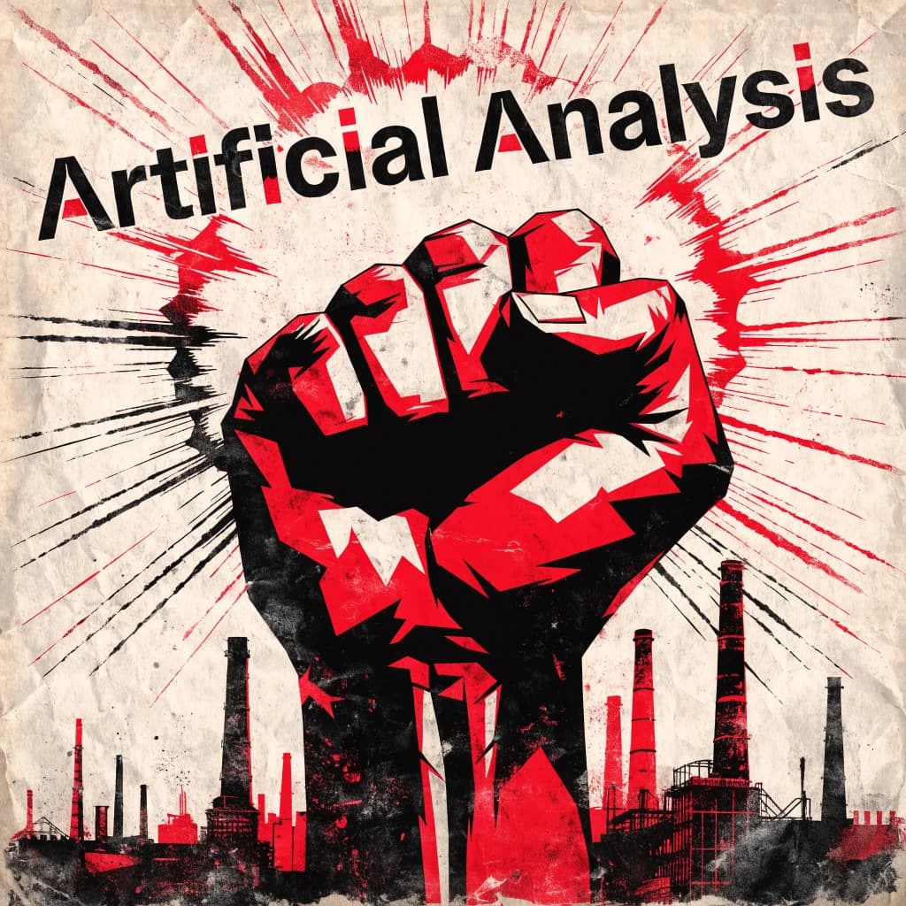 A propaganda poster in stark red, black, and beige. A clenched fist rises in the foreground, rendered with sharp geometric blocks. Behind it, radiating lines stretch upward toward a stylized sun. At the top, bold sans-serif lettering in Cyrillic-inspired type spells out Artificial Analysis, tilted at an angle for emphasis. A factory skyline silhouettes the bottom edge, smoke stacks rising into the background. The texture is rough, printed on aged paper with visible creases and ink bleed. Designed in the constructivist Soviet poster style.