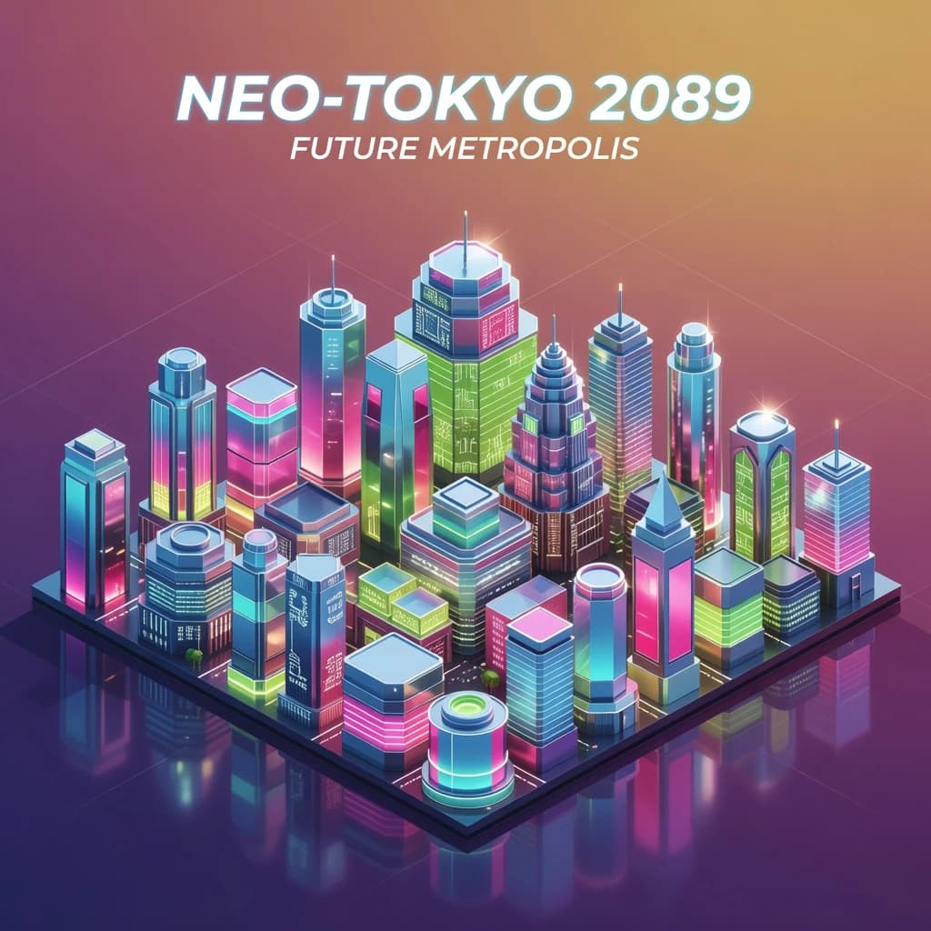 Render an isometric city poster with geometric buildings, neon gradients, gloss highlights, soft AO shadows, clean sans-serif lettering, grid layout, reflections a bit overexposed.