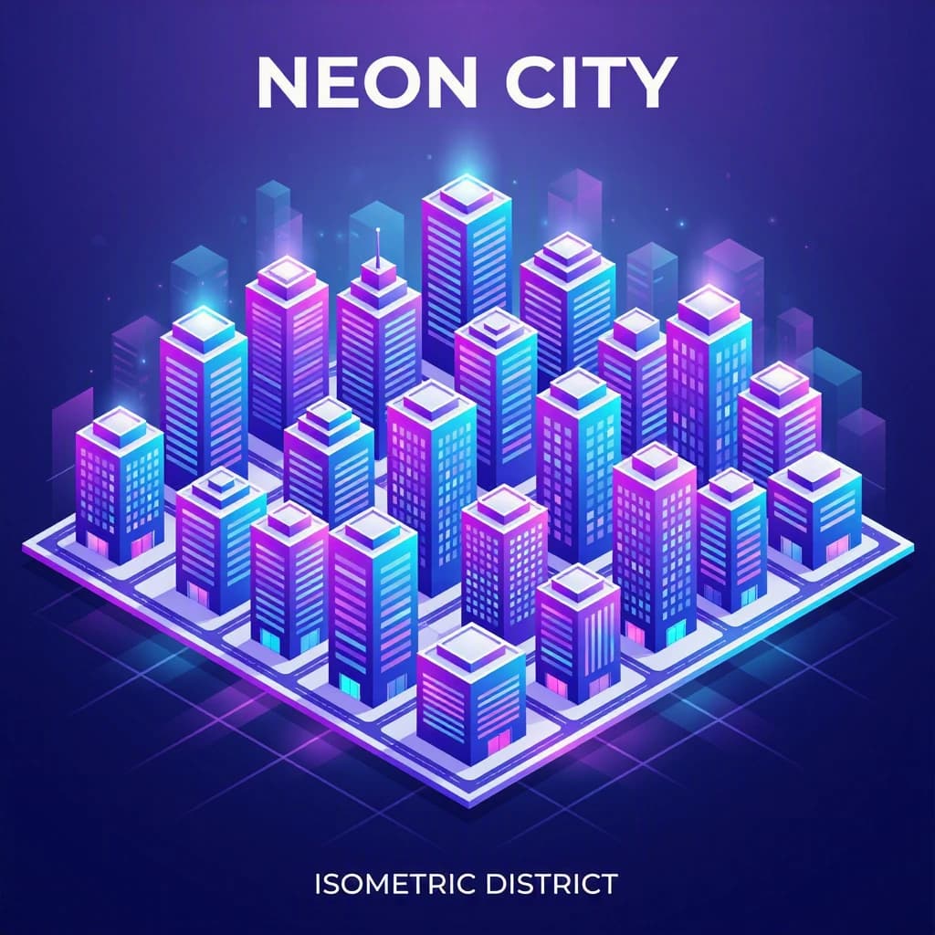 Render an isometric city poster with geometric buildings, neon gradients, gloss highlights, soft AO shadows, clean sans-serif lettering, grid layout, reflections a bit overexposed.