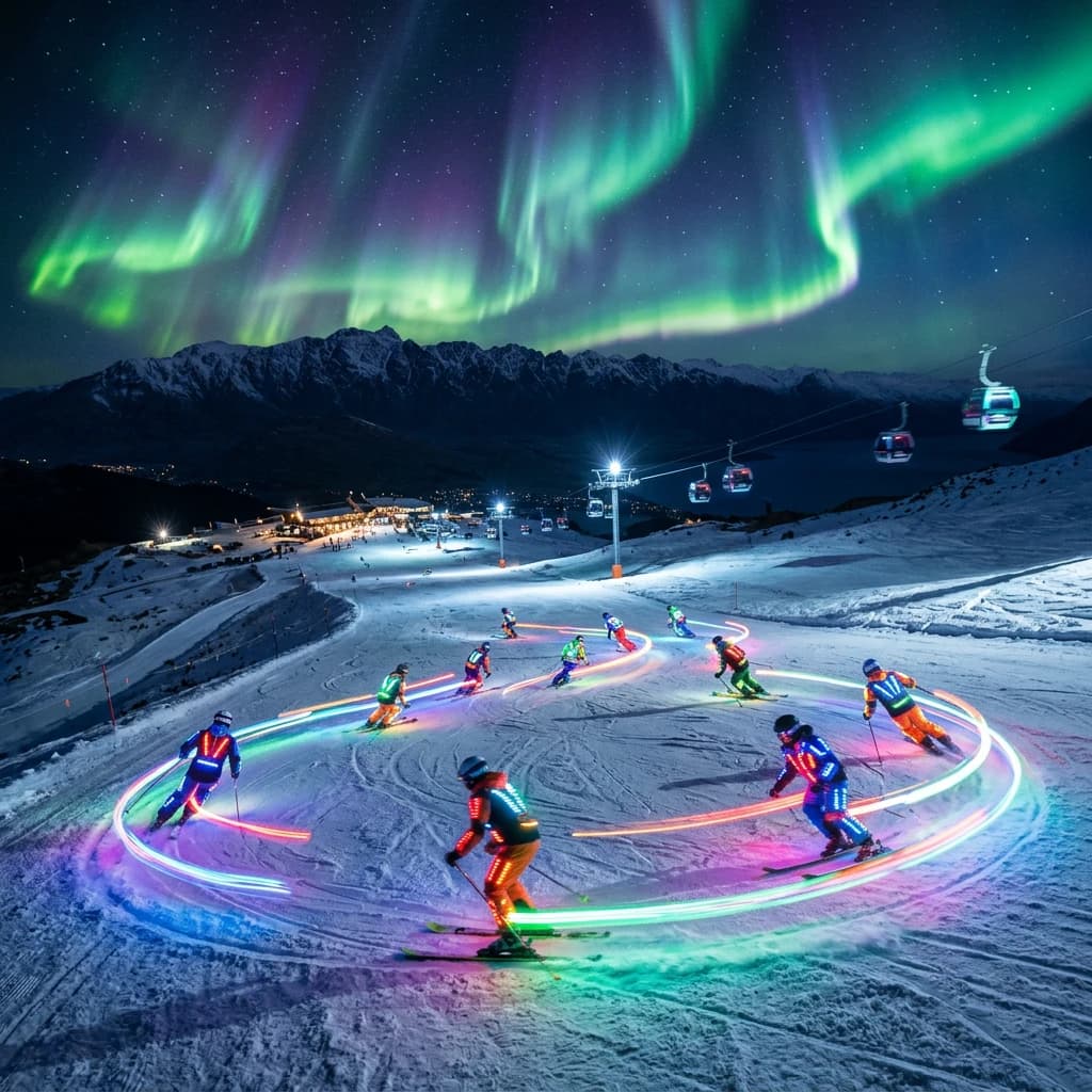 Coronet Peak Night Skiing: Skiers in colorful LED suits carve their way down the slopes of New Zealand's Coronet Peak under the Aurora Borealis, the skiers' light trails visible behind them