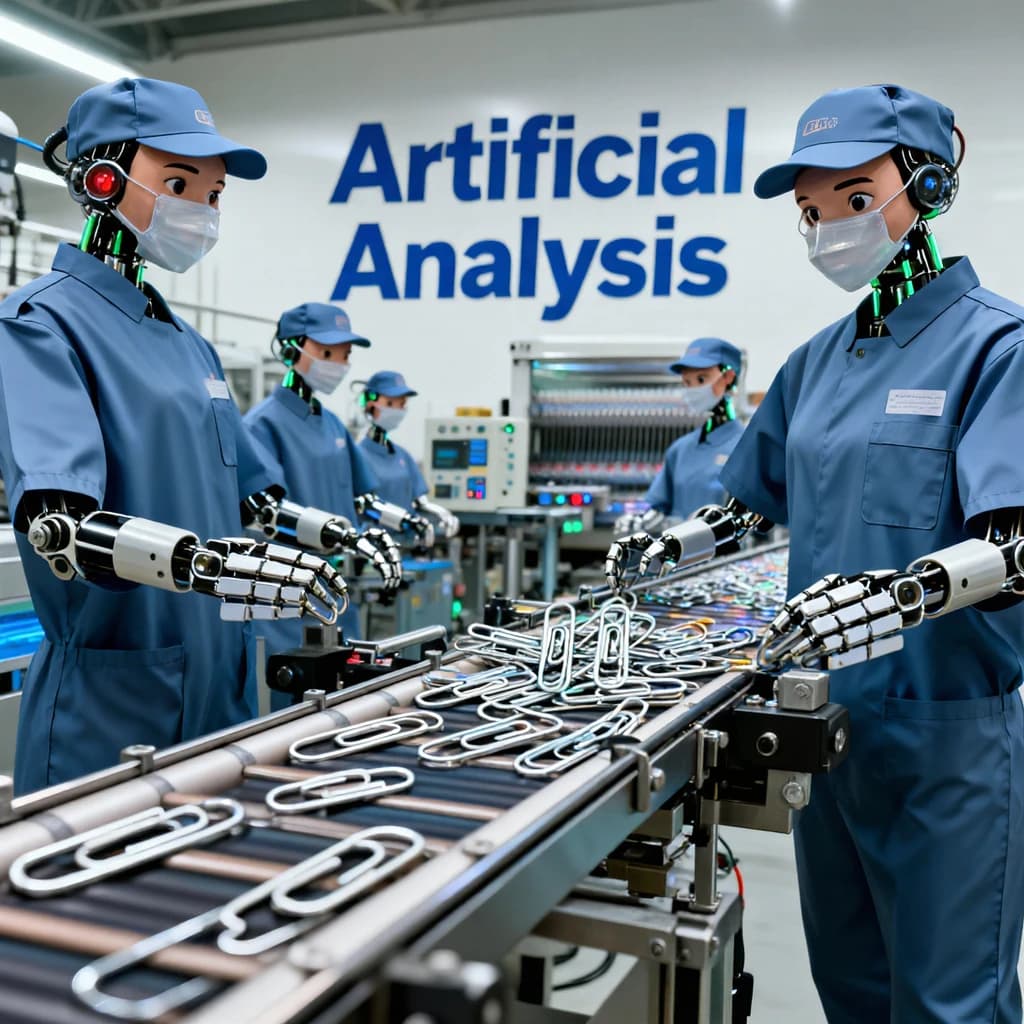 Close up point of view perspective on a conveyor belt pumping out paperclips at a maddening pace. The high tech factory has Artificial Analysis printed proudly on the wall. Robot staff look approvingly over the robust output.